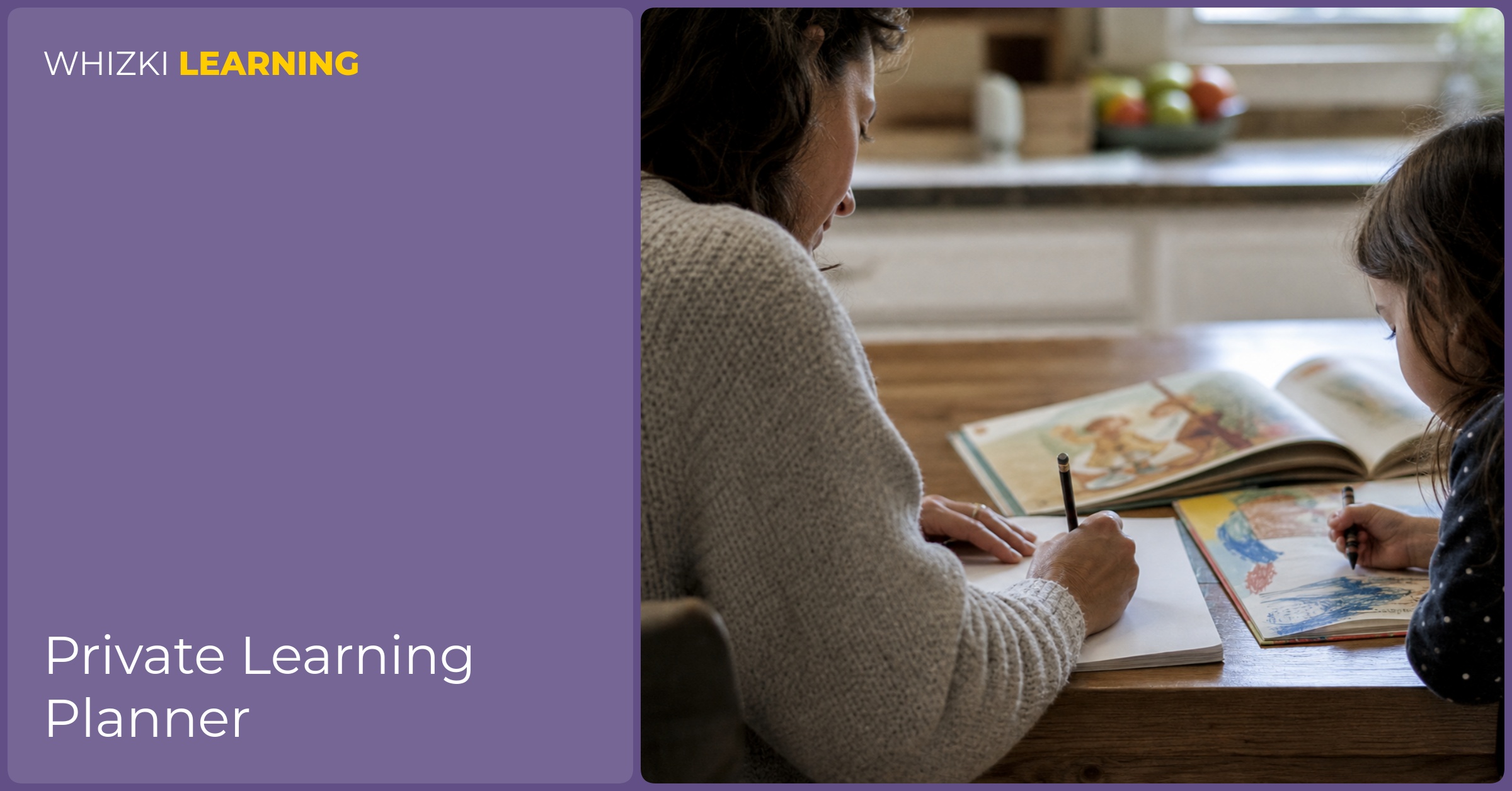 A parent writes simple learning notes while a young child colors beside a picture book at the kitchen table.
