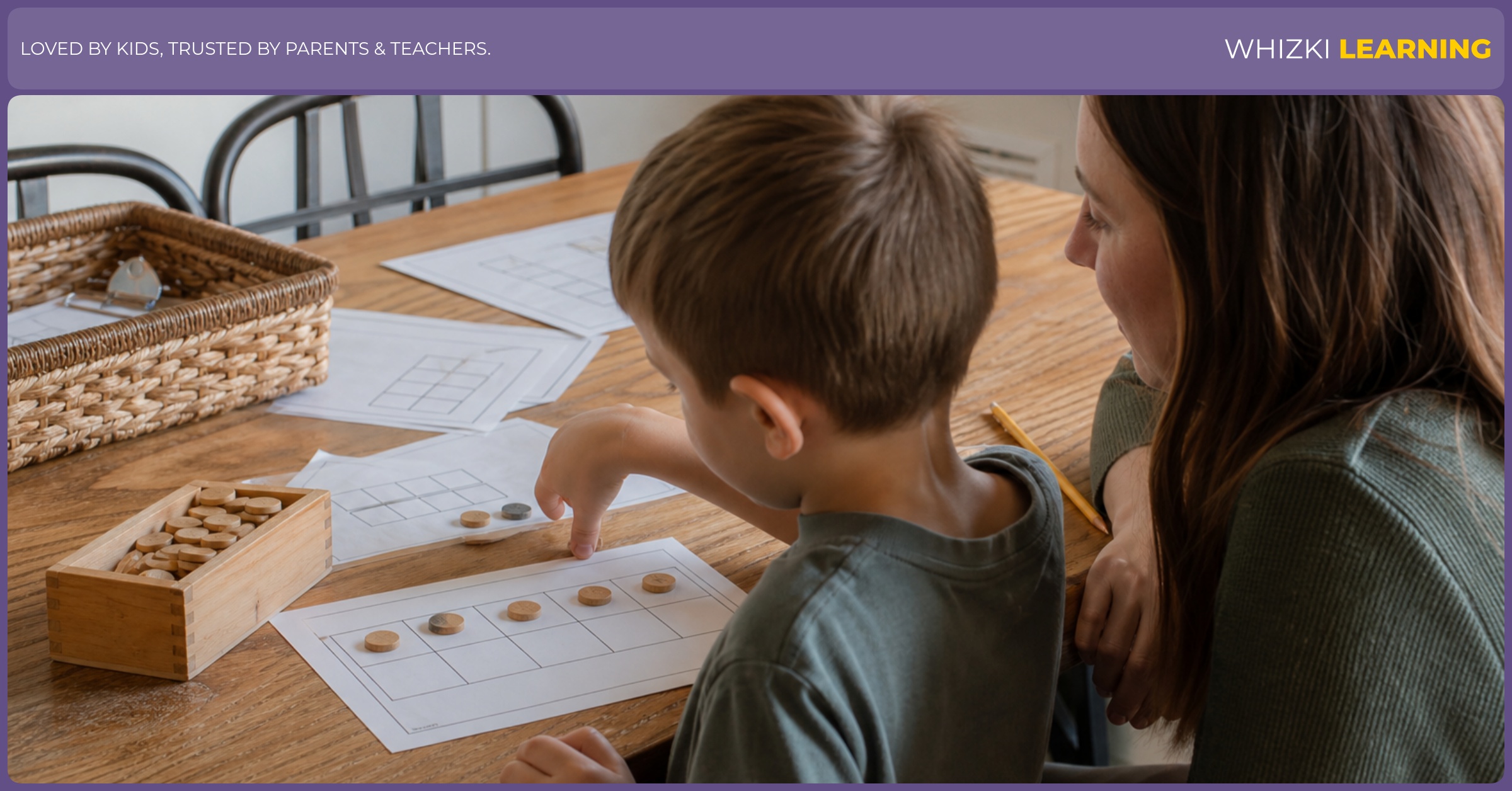 A parent sits beside a child at a kitchen table while the child places small counters on a ten frame printable.