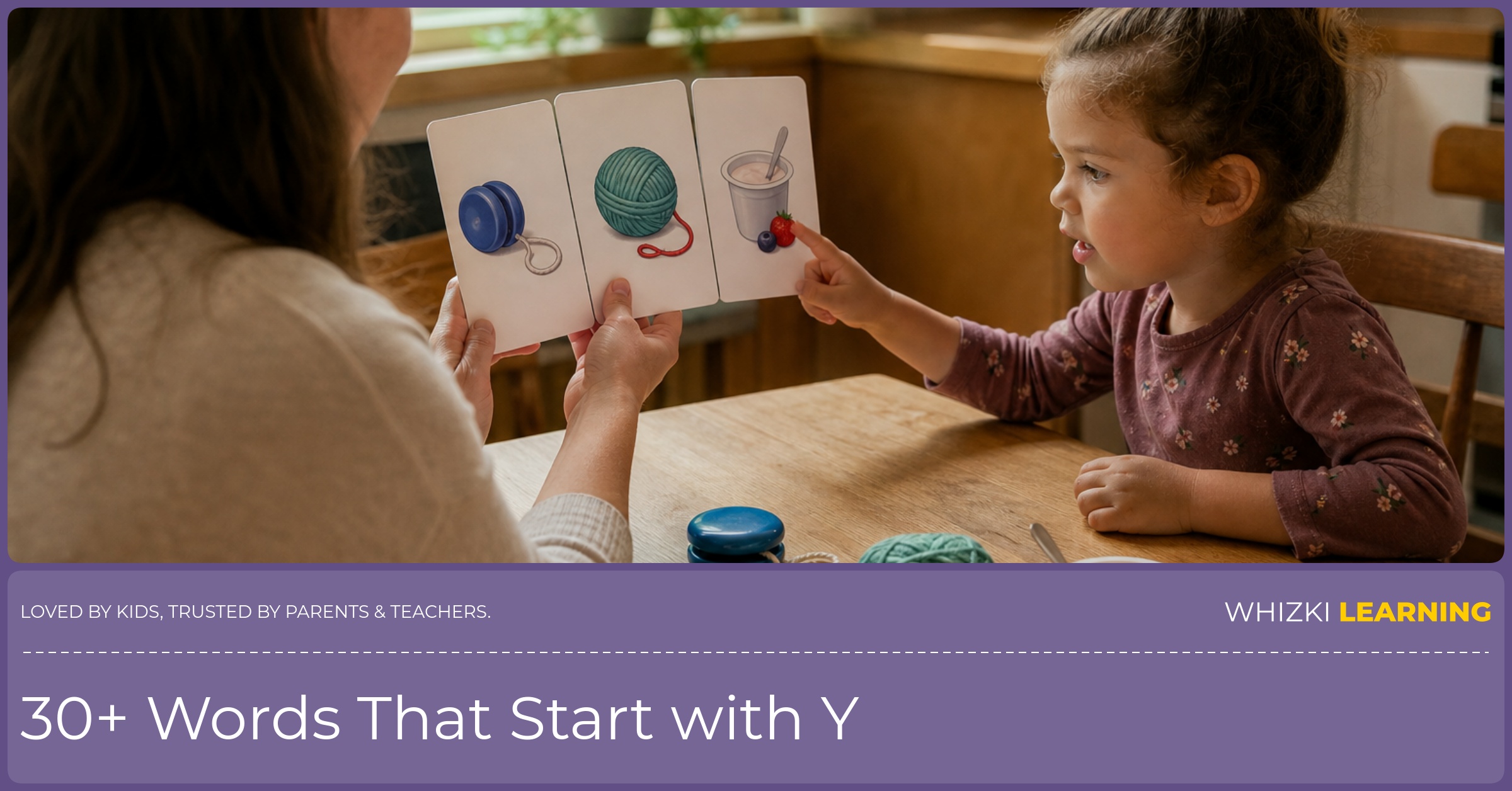 A parent and child sit at a kitchen table, touching and sorting everyday items that start with Y, like a ball and book, in warm natural light