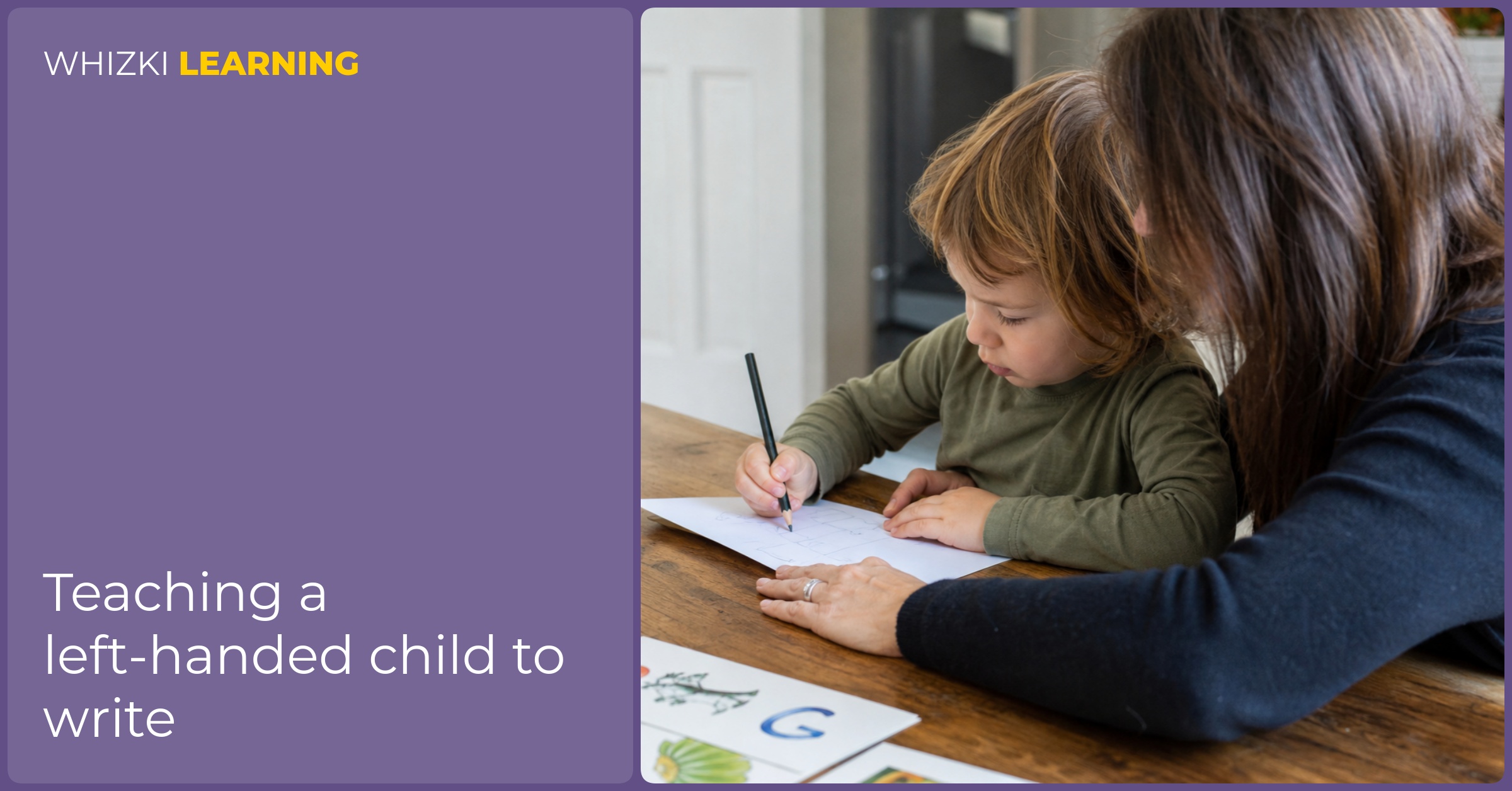A parent helps a left-handed child tilt a sheet of paper while the child writes with a relaxed pencil grip.