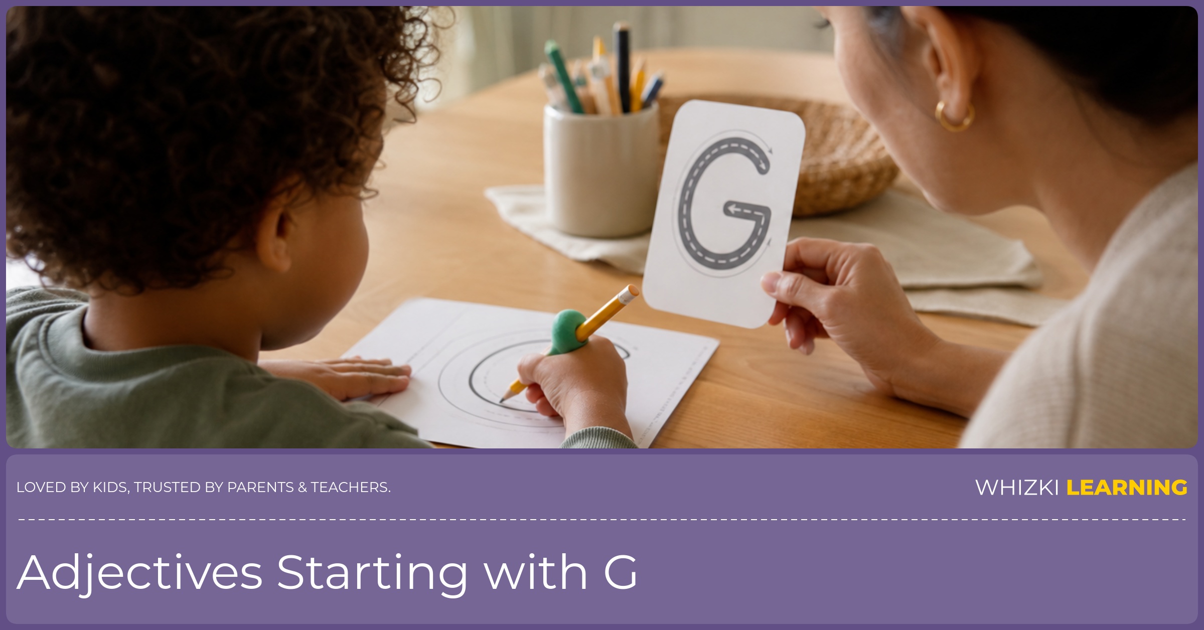 Parent and child tracing the letter G together at the kitchen table with a pencil, calm focus, and hands-on paper practice