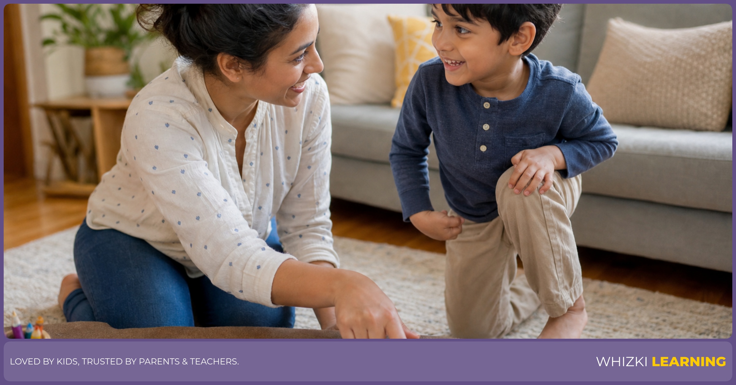 Parent and child play a screen-free action game using letter L verbs, pointing to a card and doing the action together in a cozy living room with warm light.