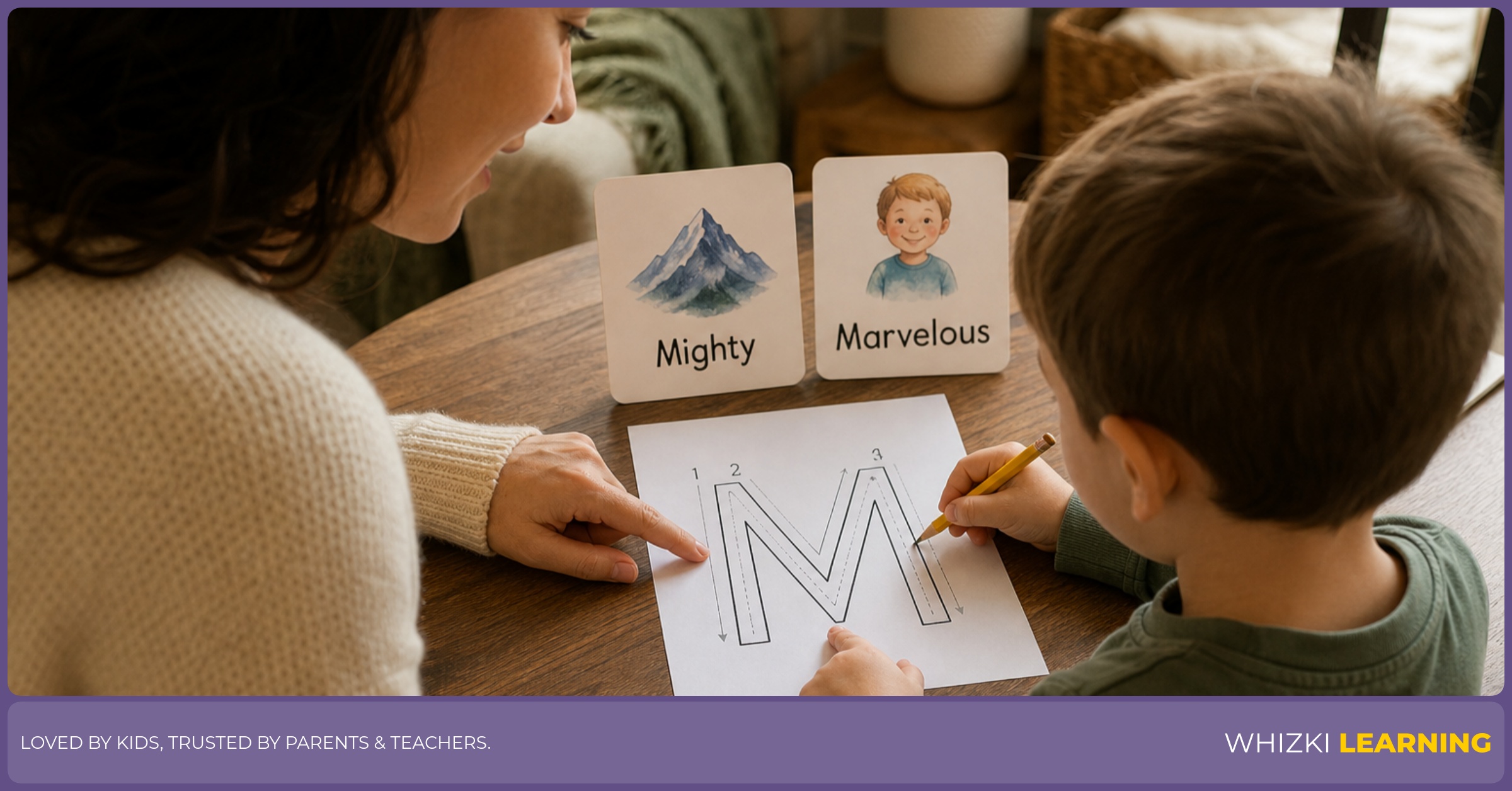 Parent and child tracing the letter M while practicing M adjective words in a calm kitchen setting