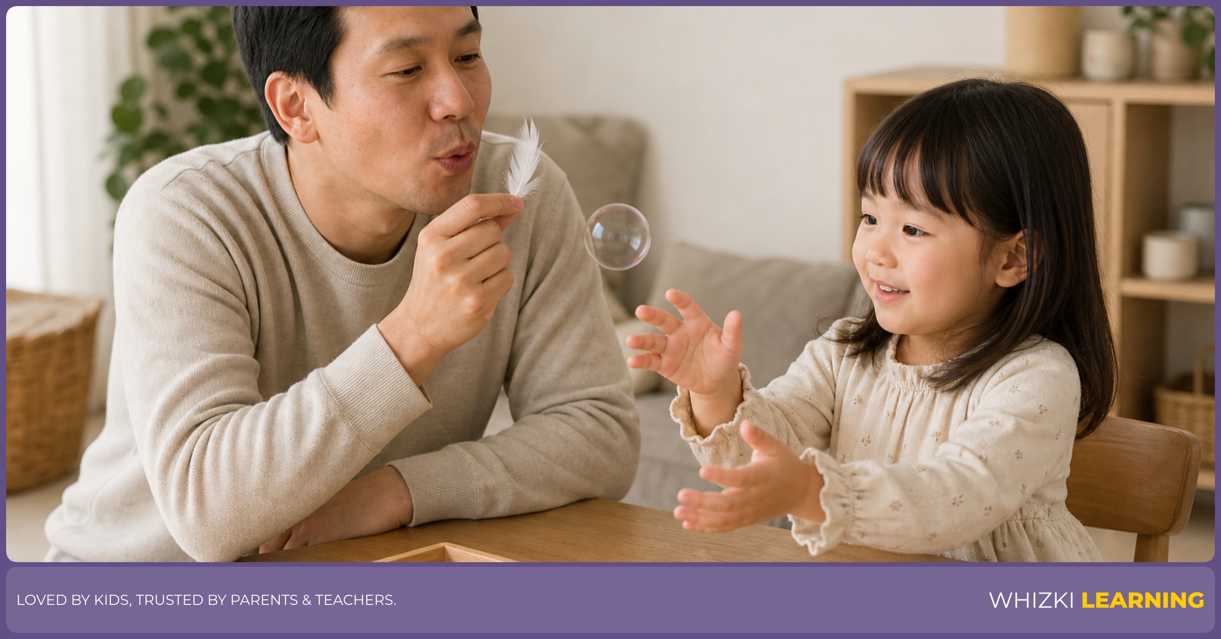 A parent and child practice O action verbs with calm, hands-on play, like blowing and building with simple materials.