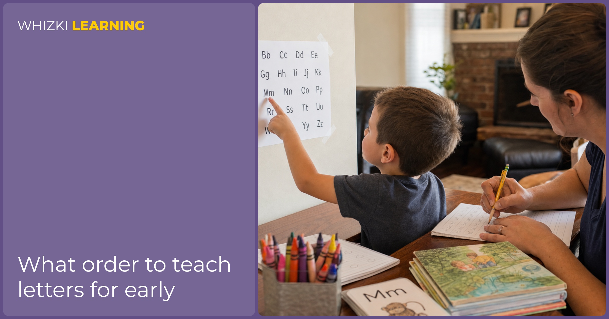 A child points to a taped letter-order chart while an adult guides pencil tracing nearby.