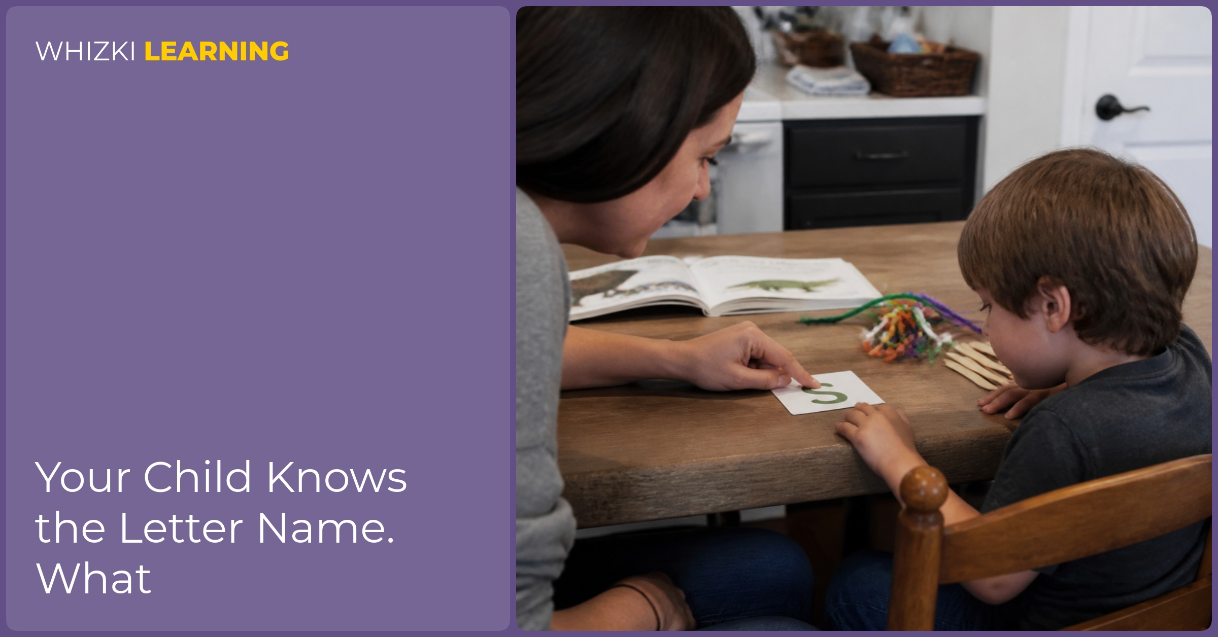 A parent and child sit at a kitchen table tracing one letter card and matching the shape with small household objects.