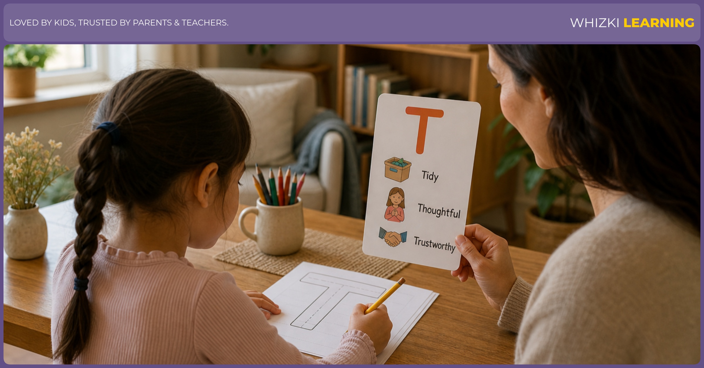 A parent and child tracing the letter T while practicing T adjectives in a calm home setting