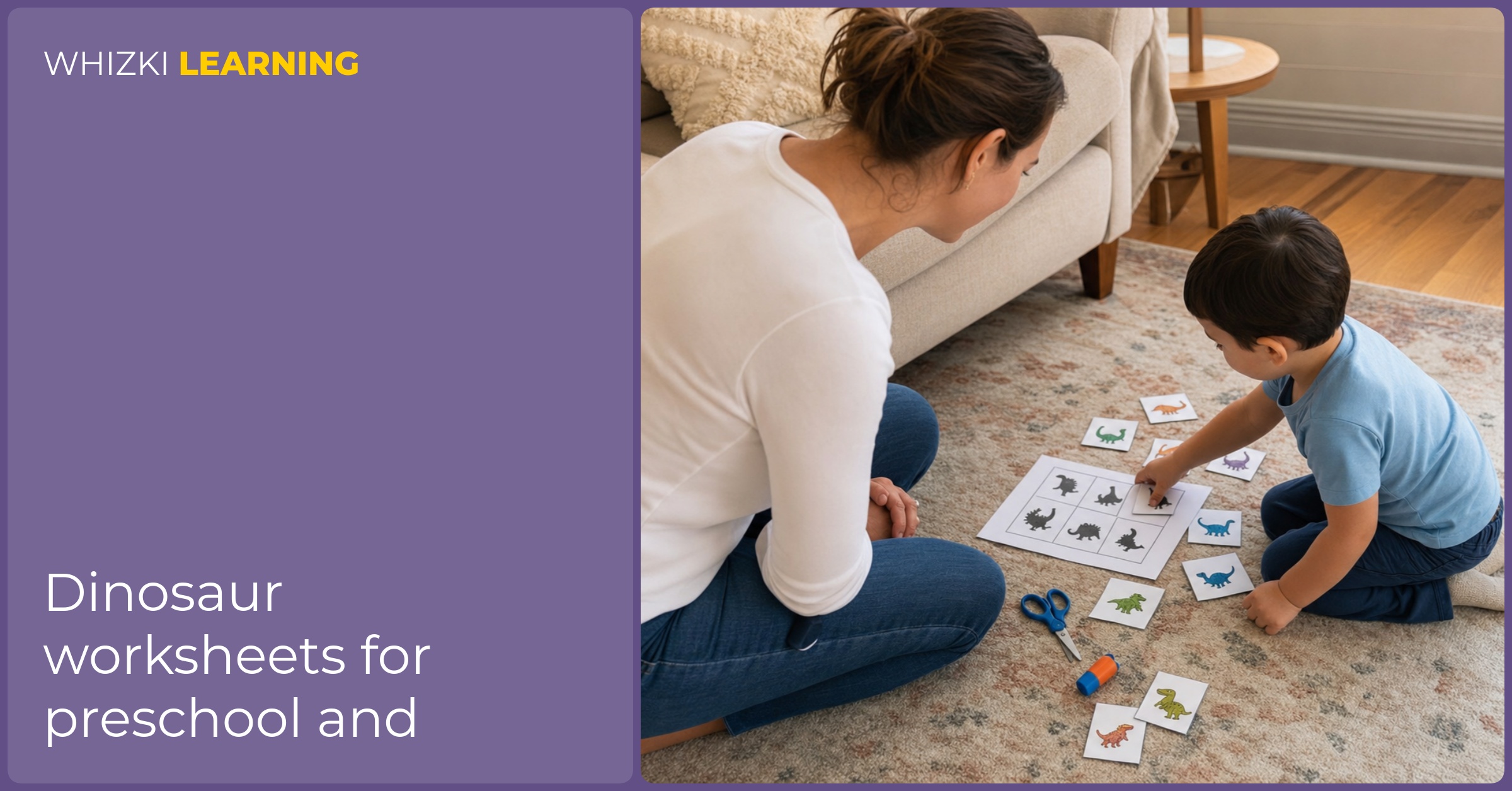 A caregiver and child match dinosaur picture cards to shadows on a printable worksheet while sitting on a living-room rug.