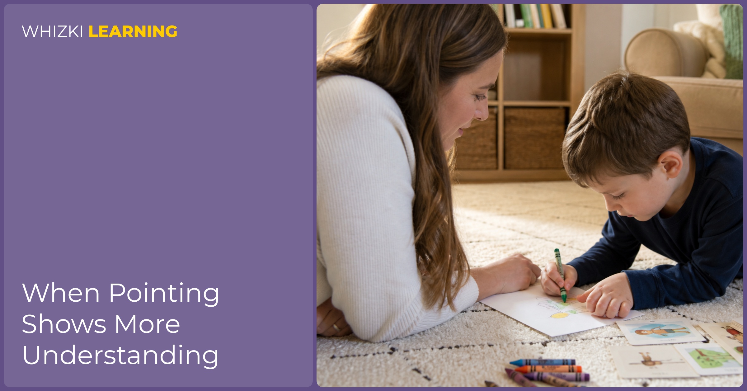 A caregiver watches a child draw an answer with crayons during a calm bilingual language activity.