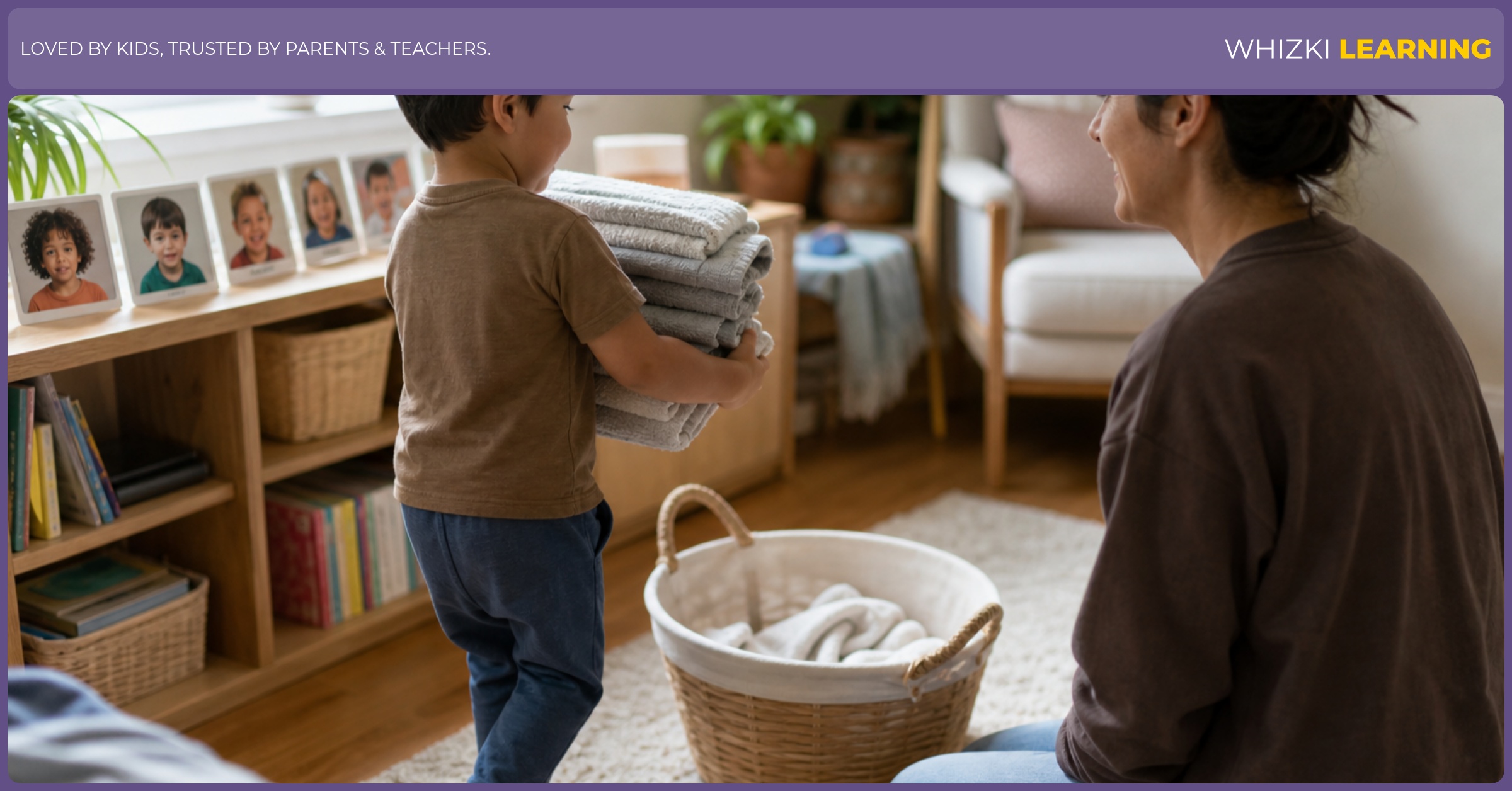 A caregiver kneels on a living-room rug while a young child carries folded towels to a basket for a calming heavy work job.