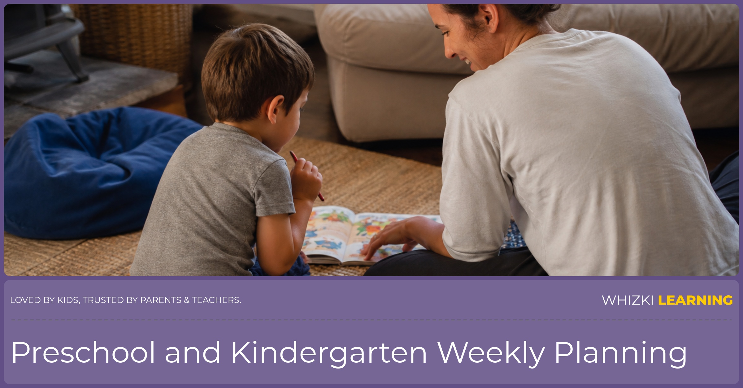 A caregiver and child sit on a living room rug beside a picture book after a movement activity.