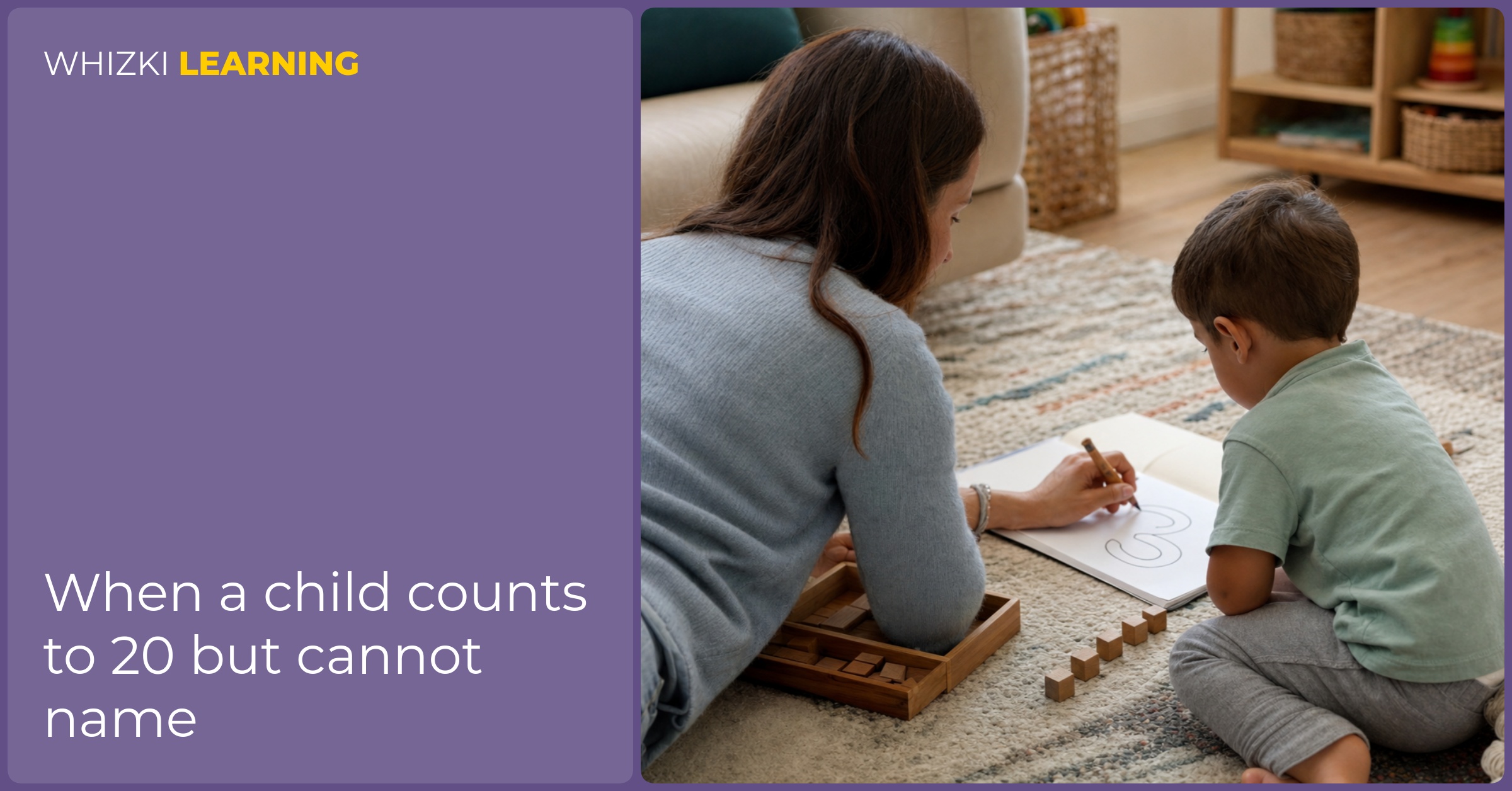 A caregiver guides a child tracing a numeral on paper and matching the numeral to small counting objects.