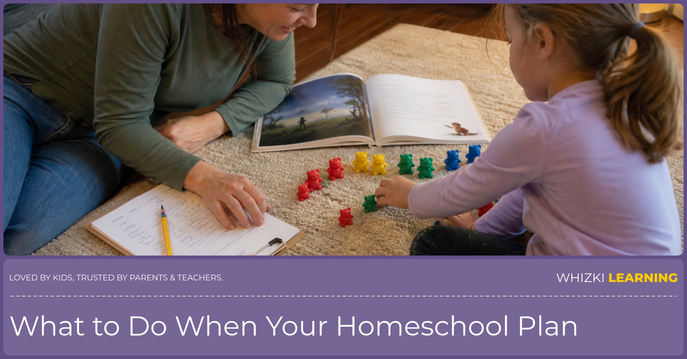 A caregiver and child sit on a living-room rug reviewing a weekly notes page beside books and counting bears.