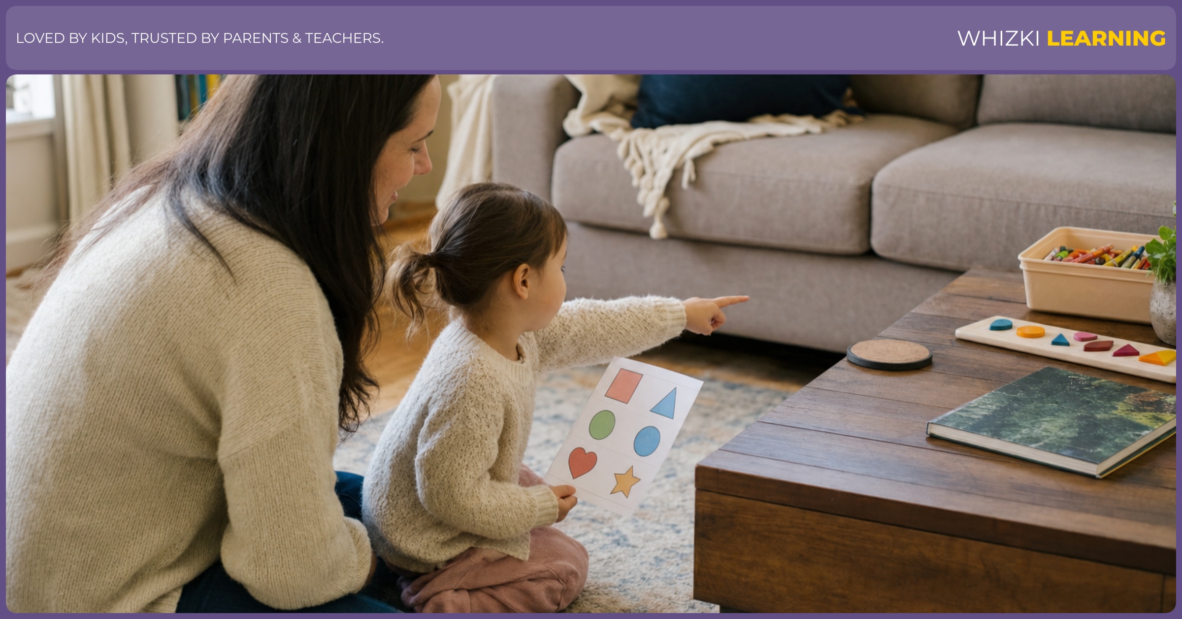 A caregiver and young child search a living room for real objects that match a paper shape worksheet.