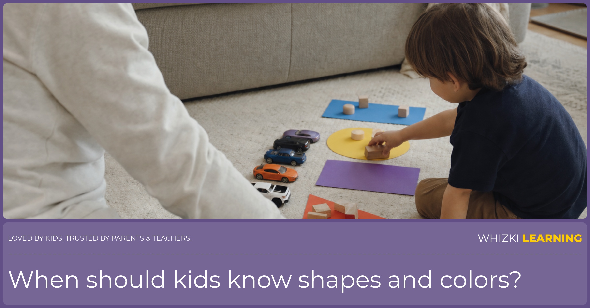 A parent and child sort toy cars and blocks onto colored paper shapes on a living room rug.