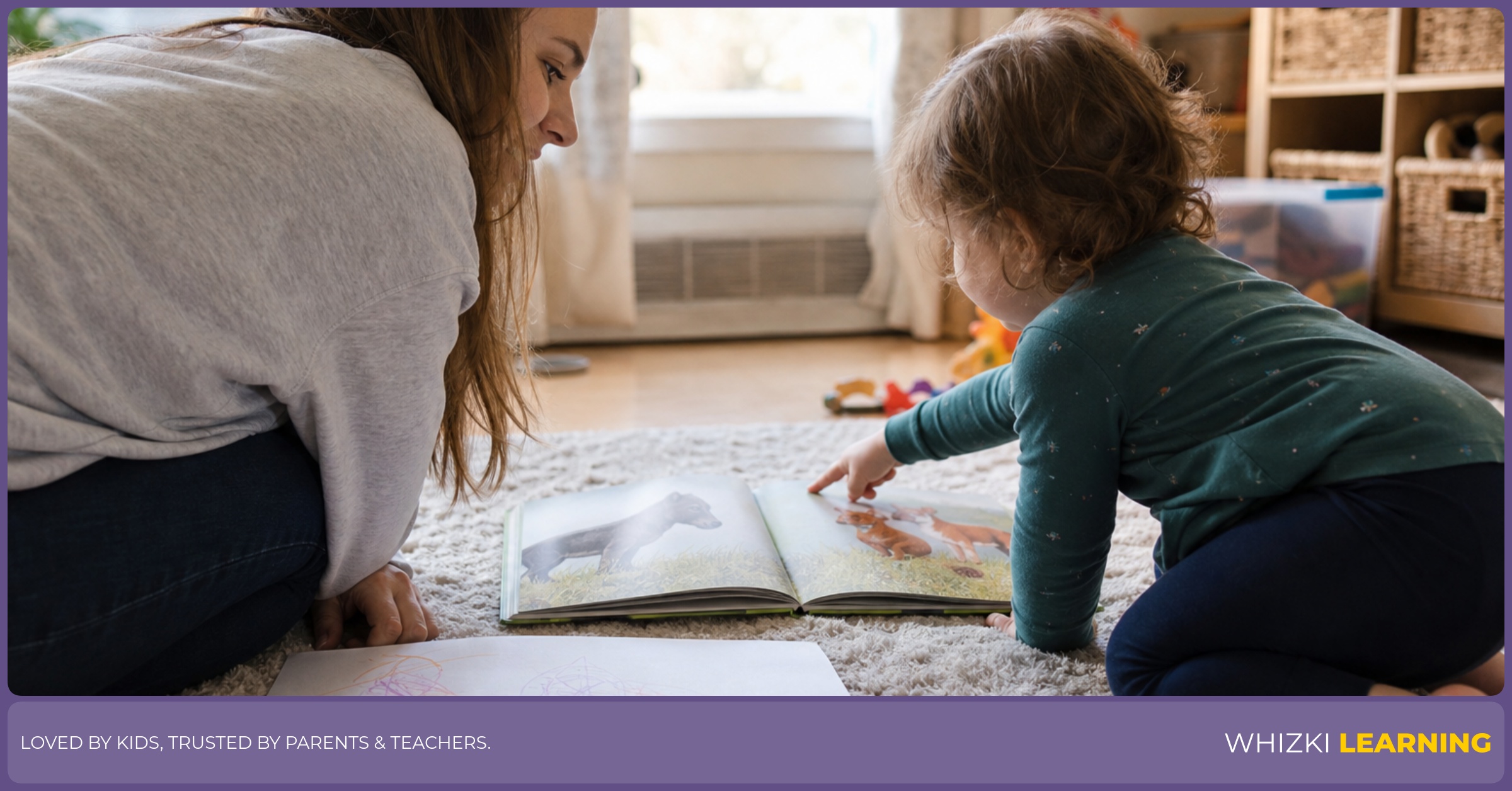 A caregiver and young child sit on a living-room rug and point to words in a picture book during a quiet sight-word hunt.