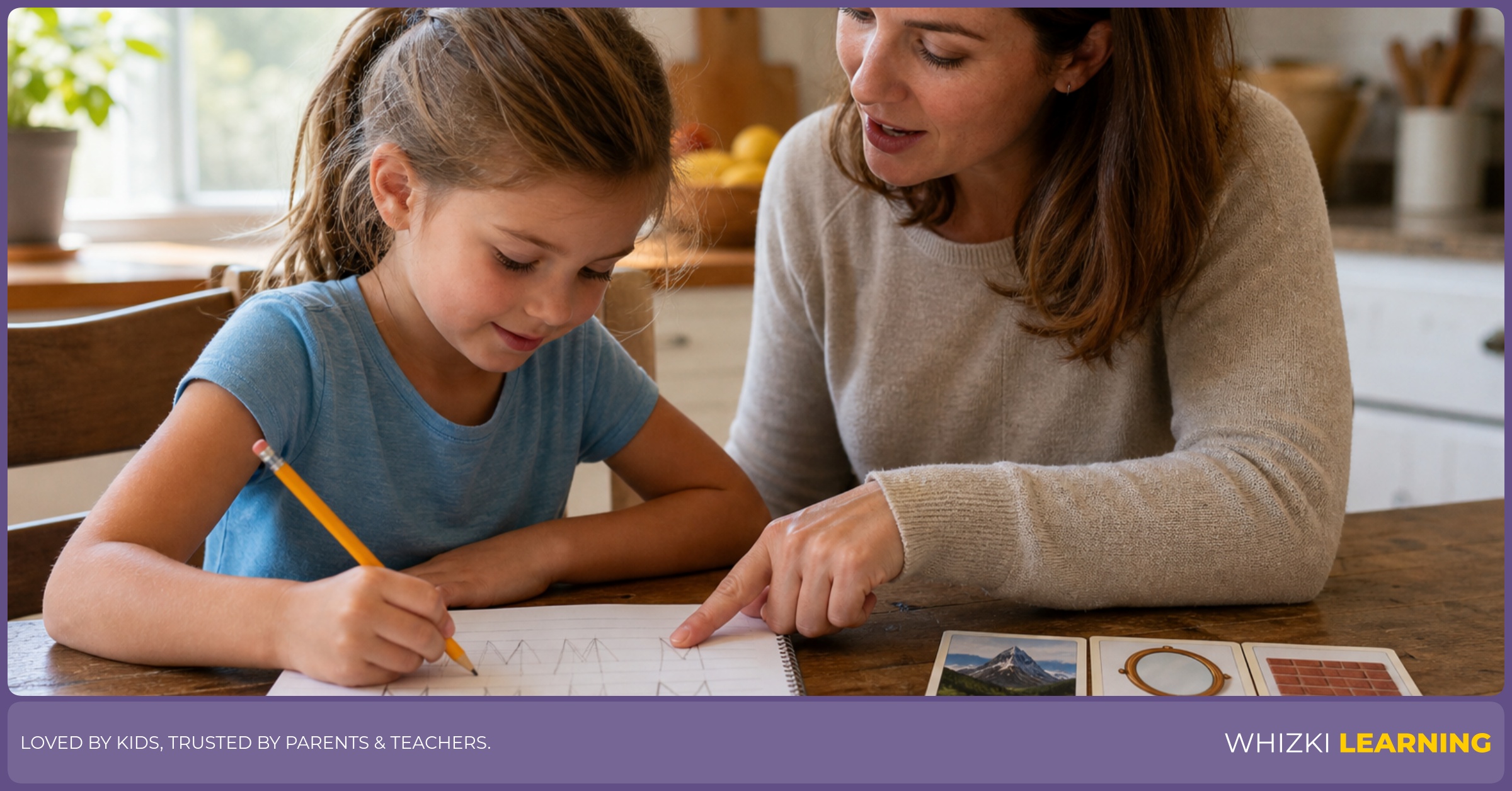 A parent and child practicing the letter M while sorting M adjective cards at the kitchen table
