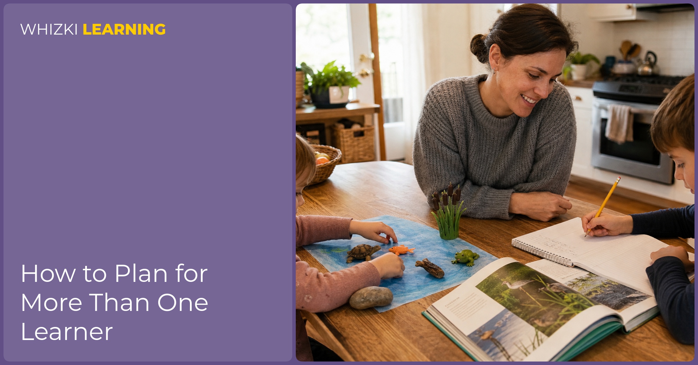 A parent helps a preschooler sort toy animals while a 1st grader writes in a notebook at the same kitchen table.