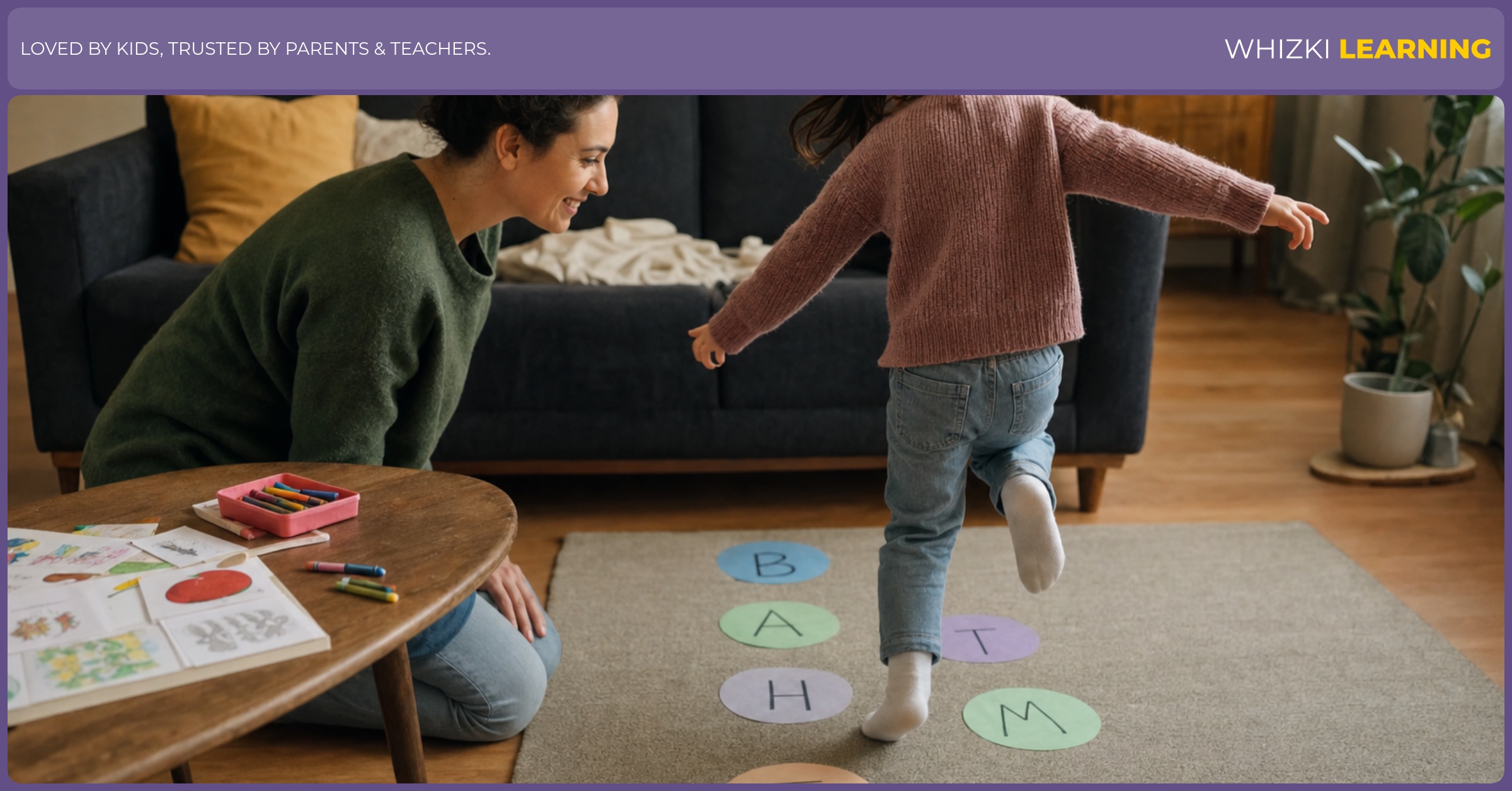 A caregiver watches a child hop between paper rhyme spots on a living-room floor.