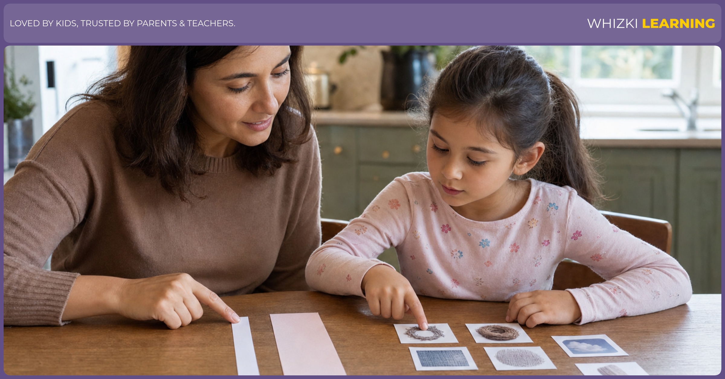 Parent and child comparing two objects and choosing N adjectives, pointing with fingers on cards at a kitchen table
