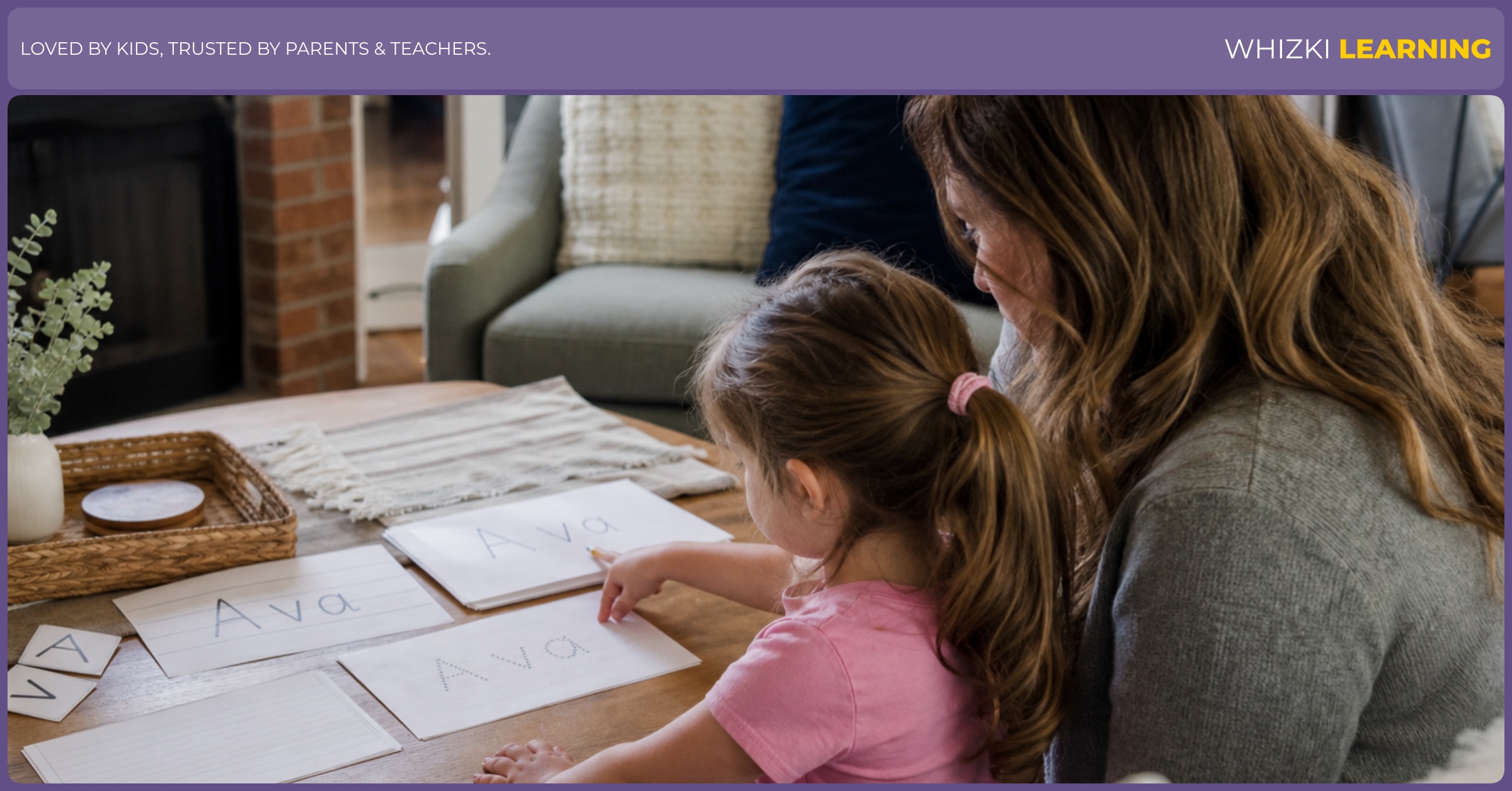 A caregiver and child compare several name writing worksheets with tracing, faded letters, and blank writing spaces.