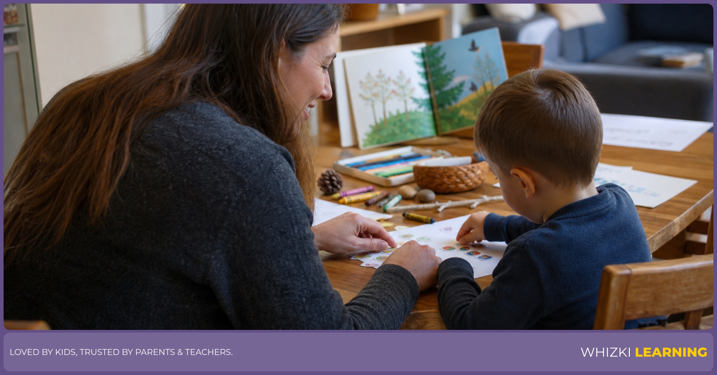 A caregiver and child use stickers, crayons, and paper together during a no-writing writing week at the kitchen table.