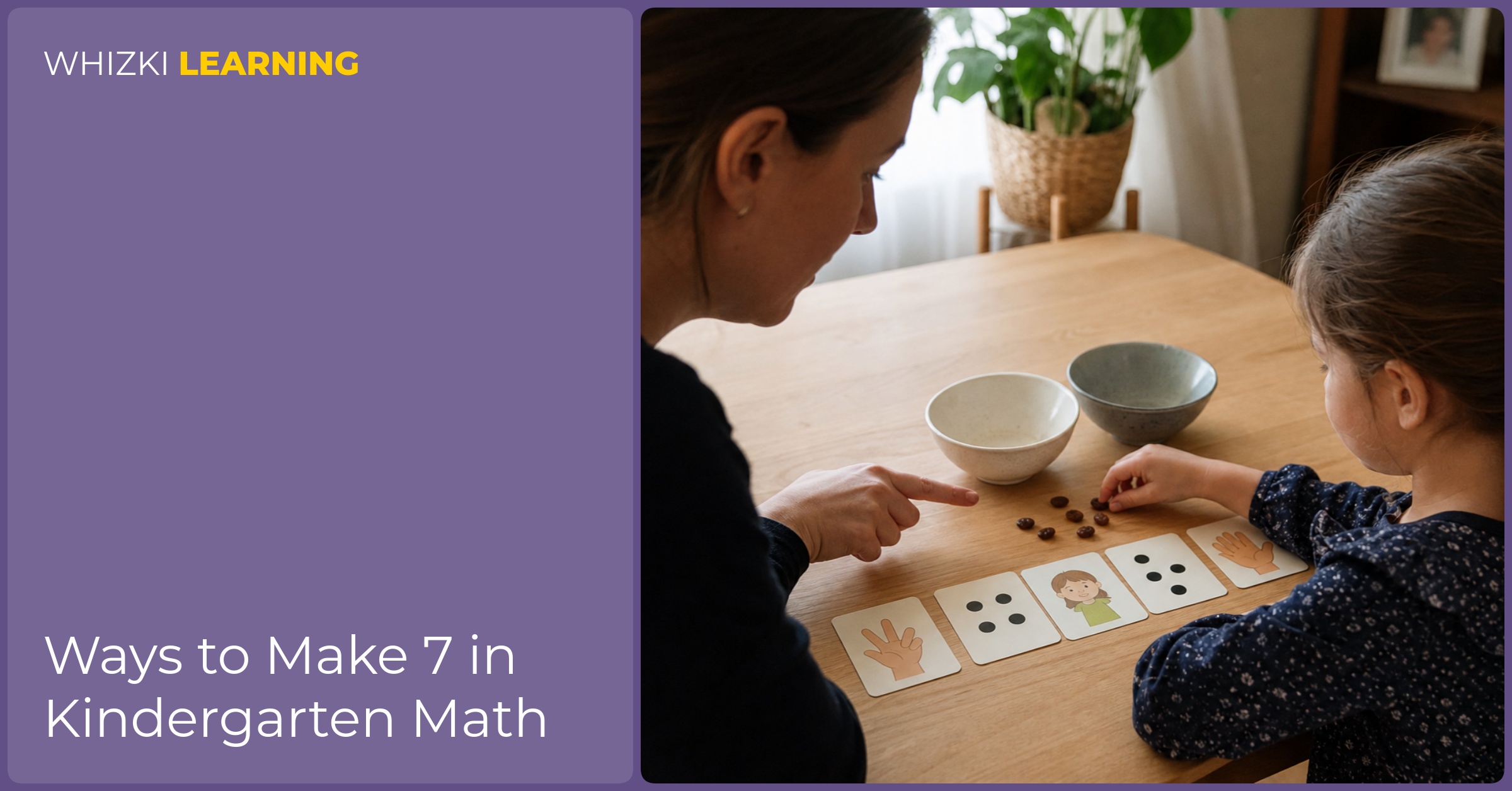 A parent and child split seven raisins between two small bowls while counting at a kitchen table.