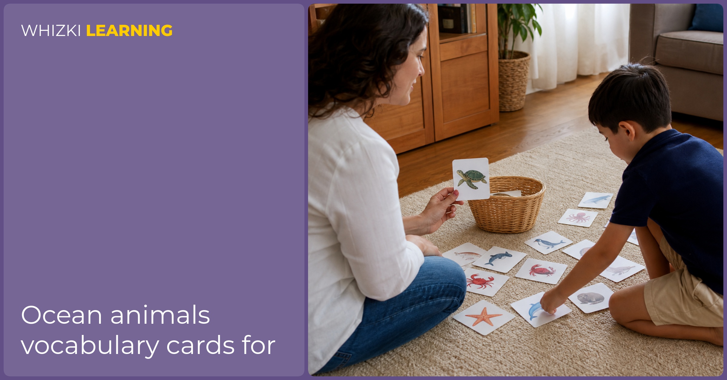 A caregiver and child play ocean I-spy with printed animal cards spread across a living room rug.