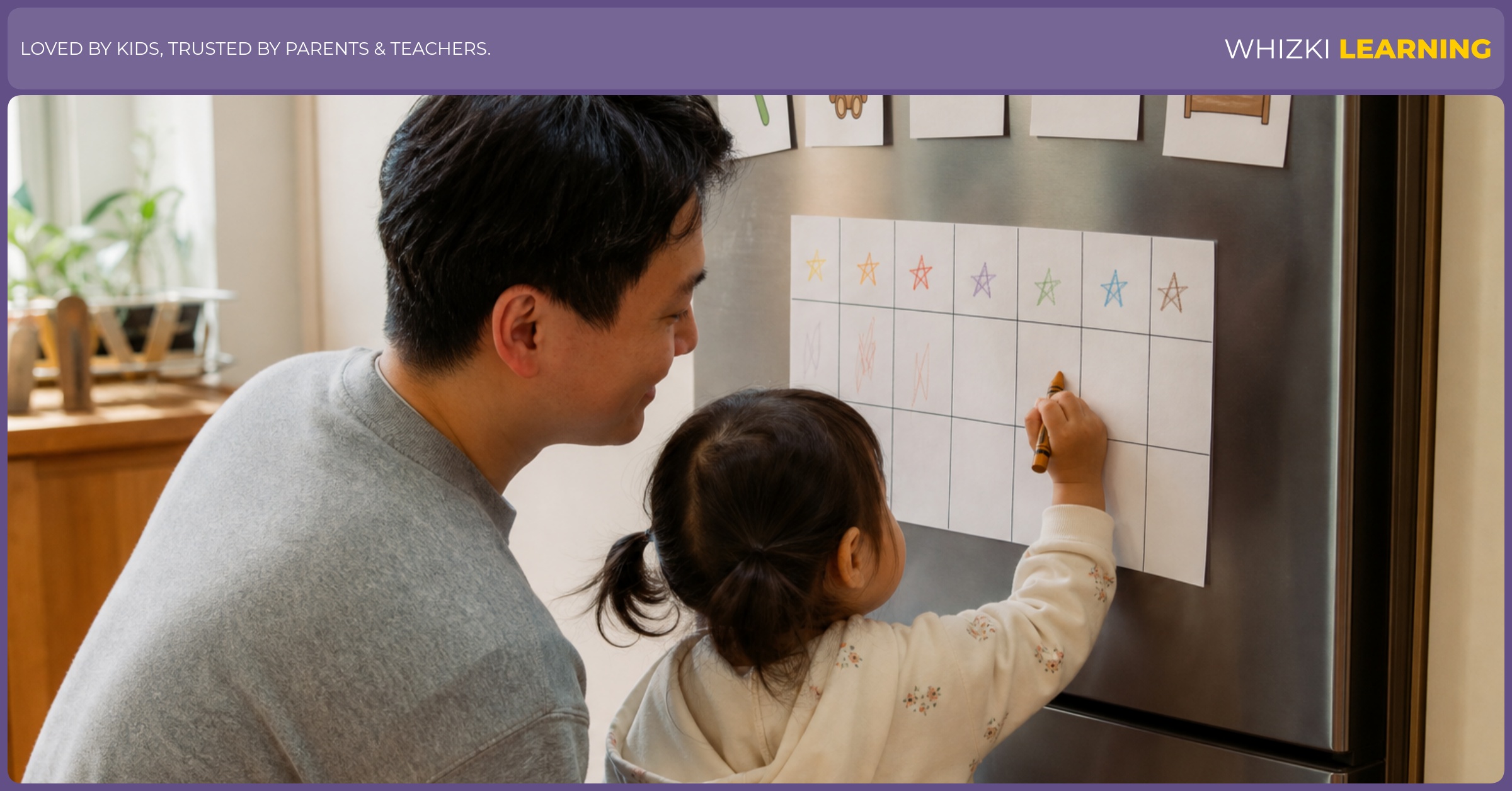 A parent helps a young child add a mark to a simple one week calendar on the refrigerator.