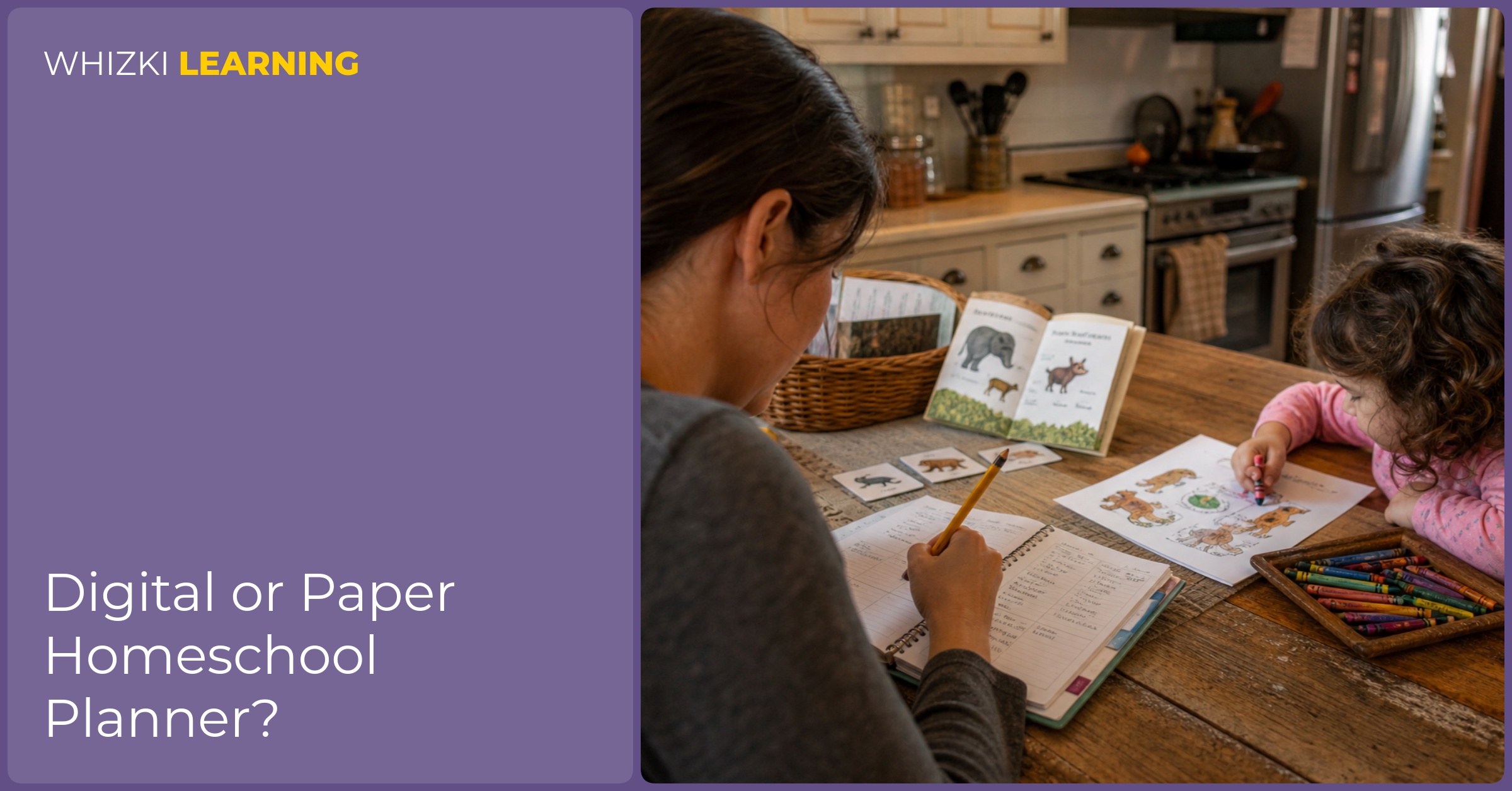 A parent writes in a paper homeschool planner while a young child colors beside a stack of picture books.