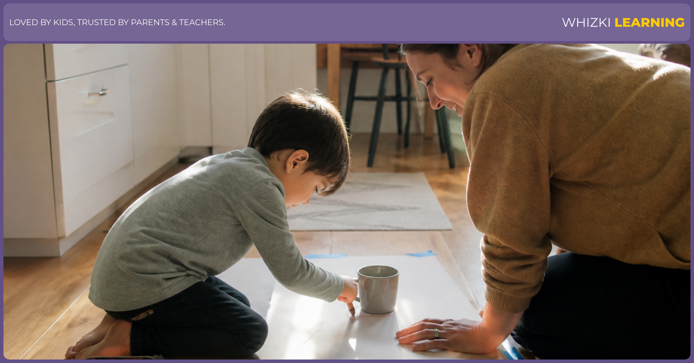 A caregiver and child mark a window shadow on large paper taped to the floor.
