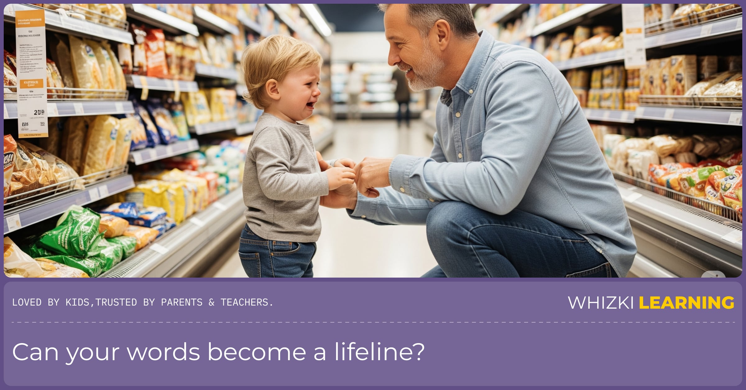 A parent compassionately kneels in front of their upset child in a grocery store aisle.