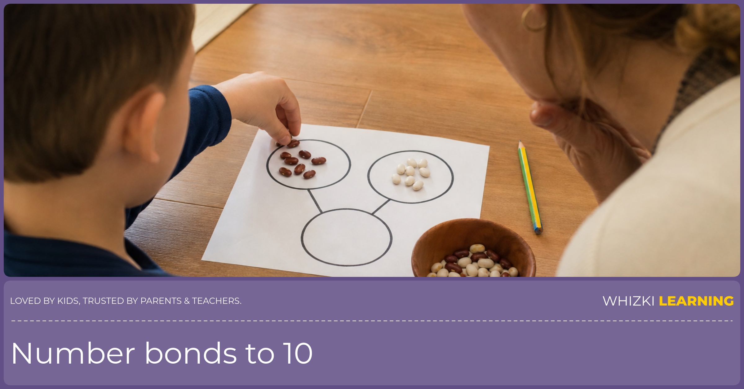 A parent and child use beans on a paper number bond mat to make 10 together at a kitchen table.