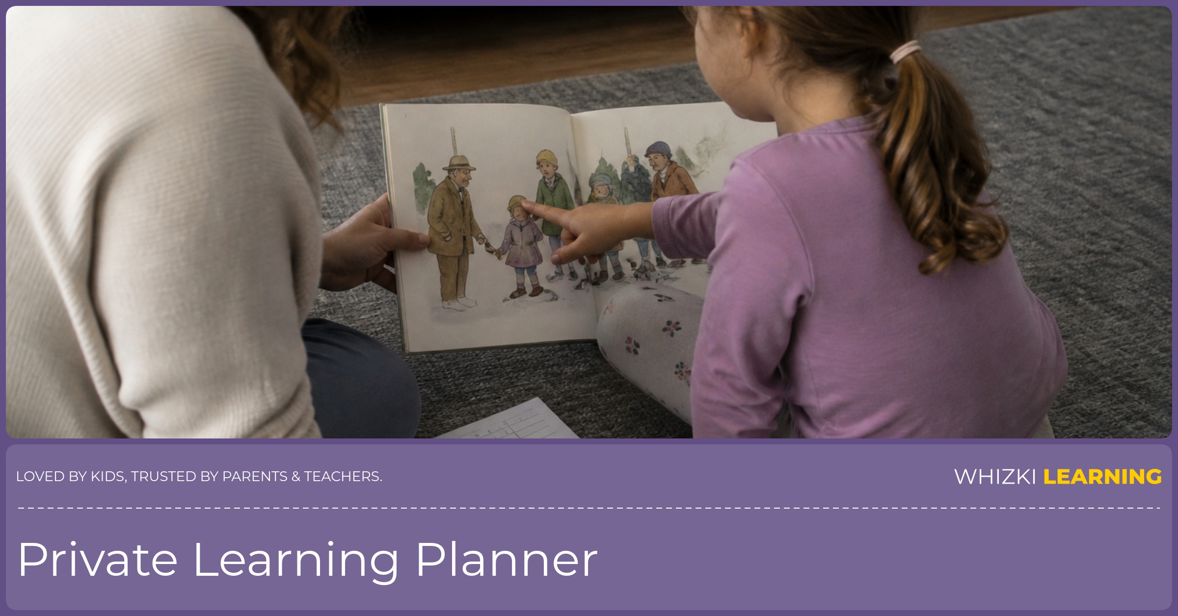 A caregiver and young child look at a picture book while a simple paper book log rests nearby.
