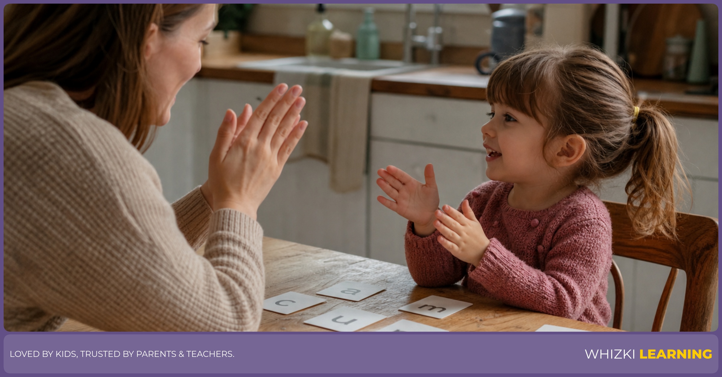 A parent and young child clap syllables together at a kitchen table with paper cards nearby.