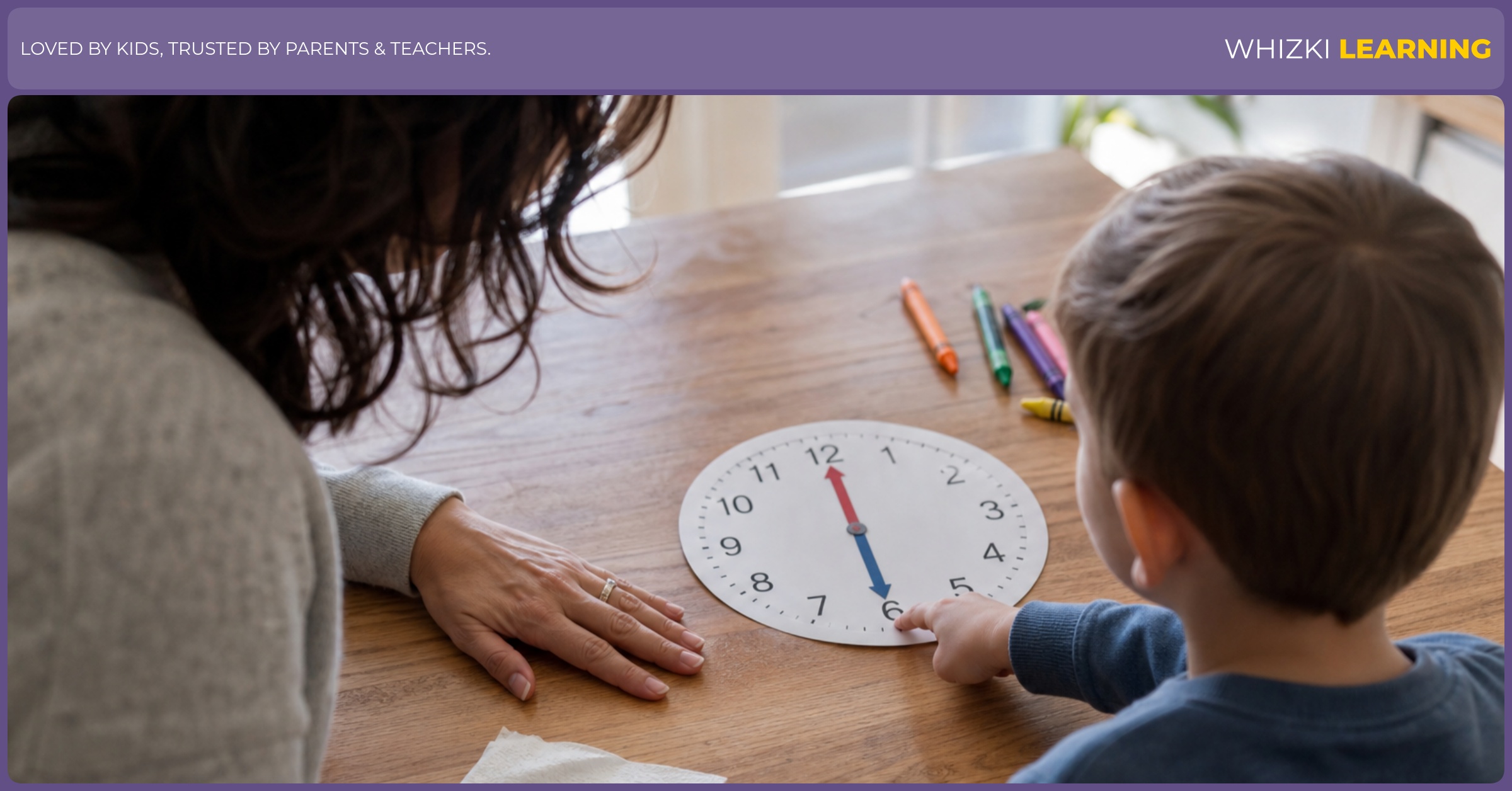 A parent and child sit at a kitchen table looking for VI on a paper clock face.
