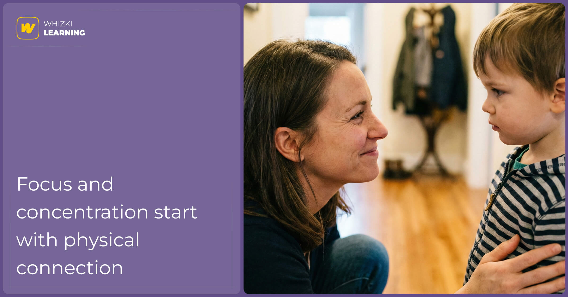 A mother kneeling on the floor, gently holding her son's shoulders and looking him in the eyes to give a clear instruction.