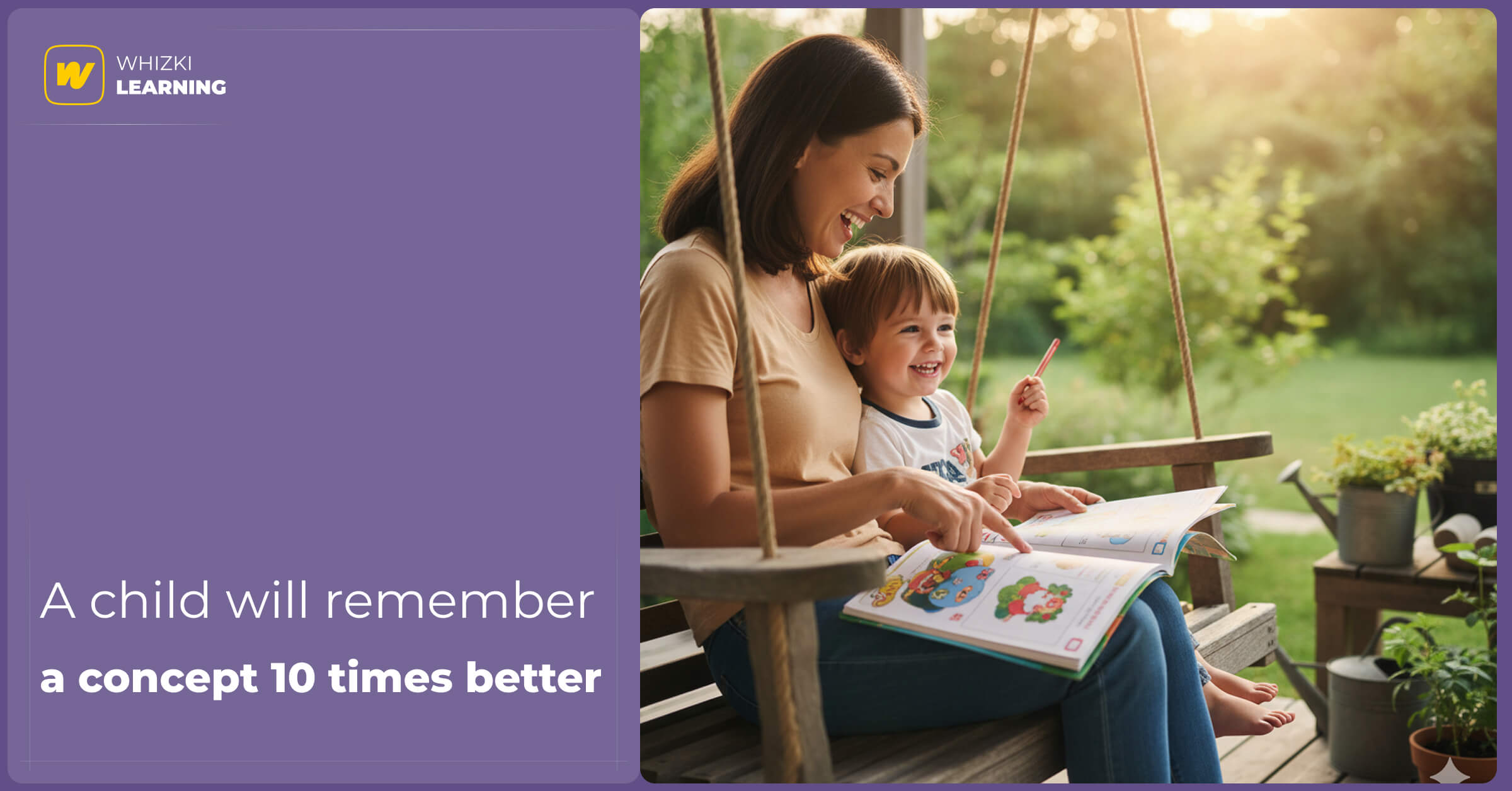 A happy parent and young child sitting together on a garden bench, working through a Whizki workbook.