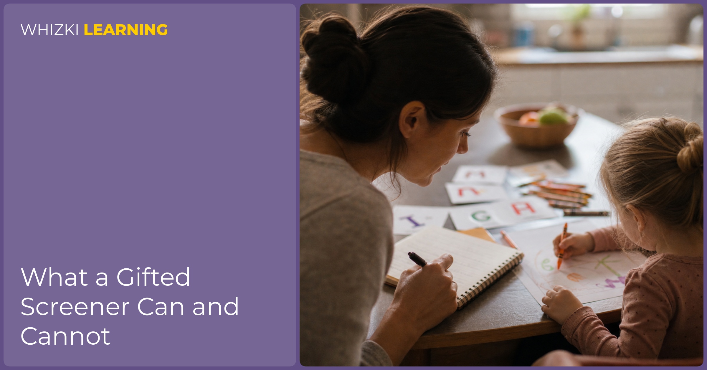 A parent writes notes while a young child draws with crayons at a warm kitchen table.