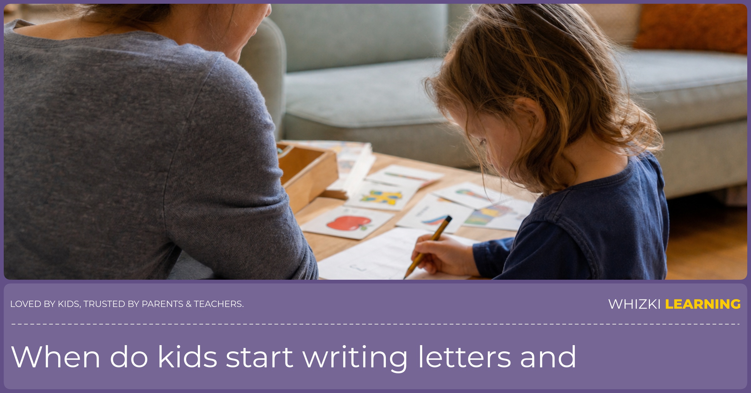 A parent watches a young child hold a short pencil while practicing marks on paper.