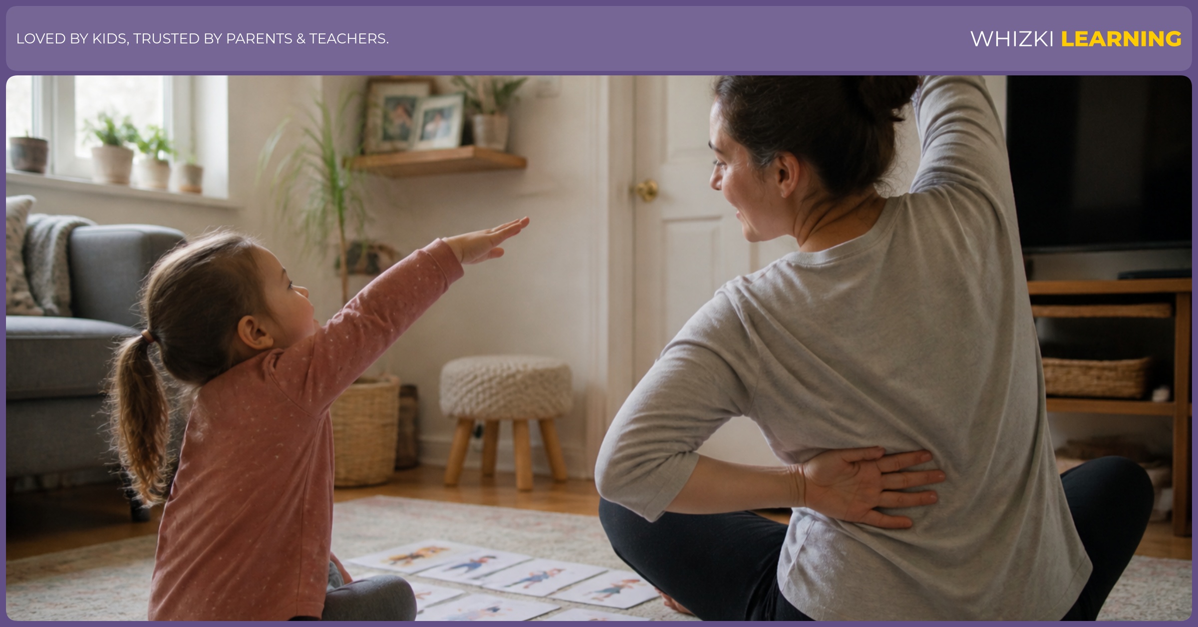A parent and child act out R action word cards together on a living-room rug.