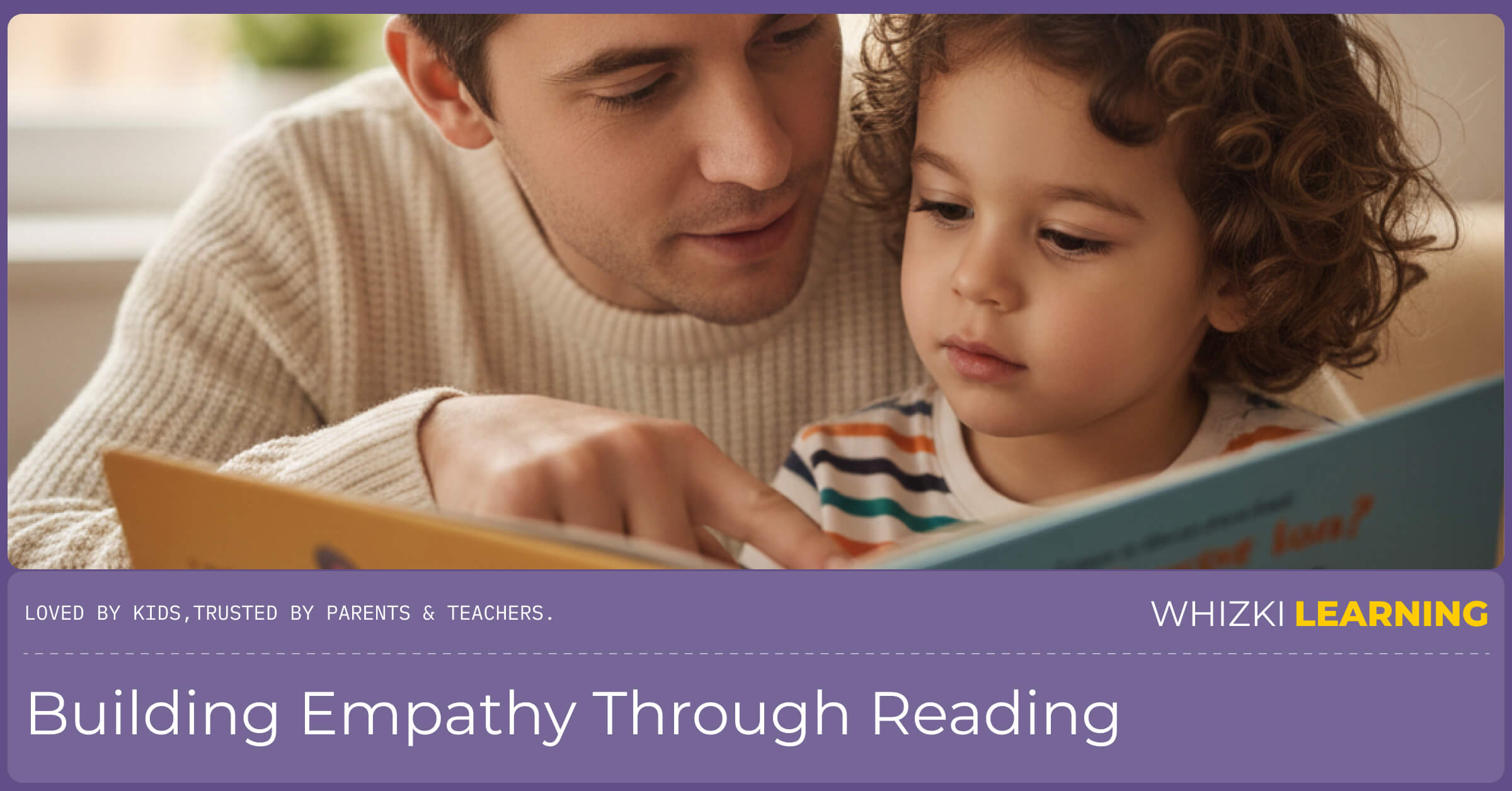 A parent and child sitting close together reading a picture book, discussing the emotions of the characters on the page.