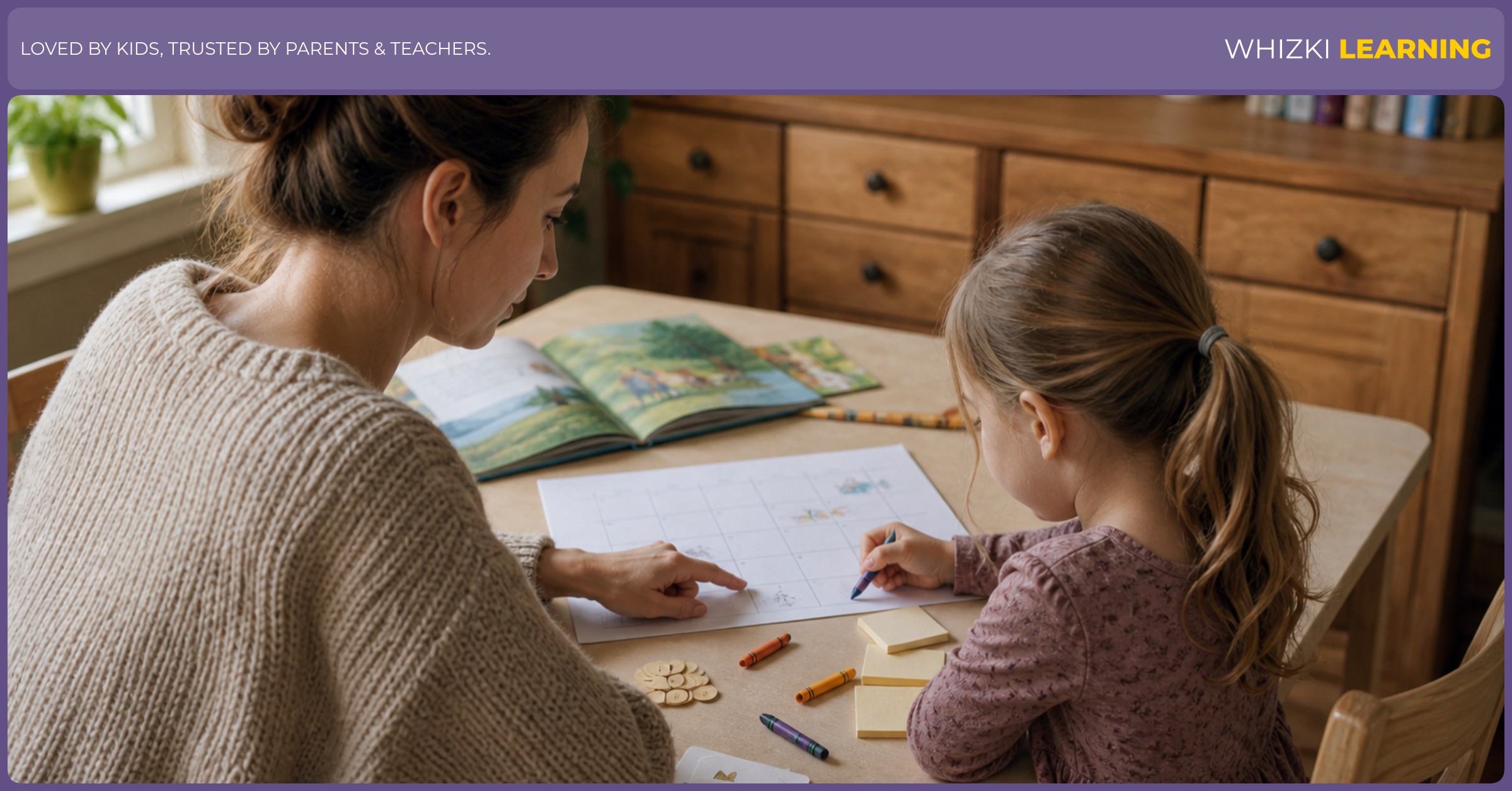 A parent and young child review a simple paper homeschool plan together at a kitchen table with crayons and books nearby.