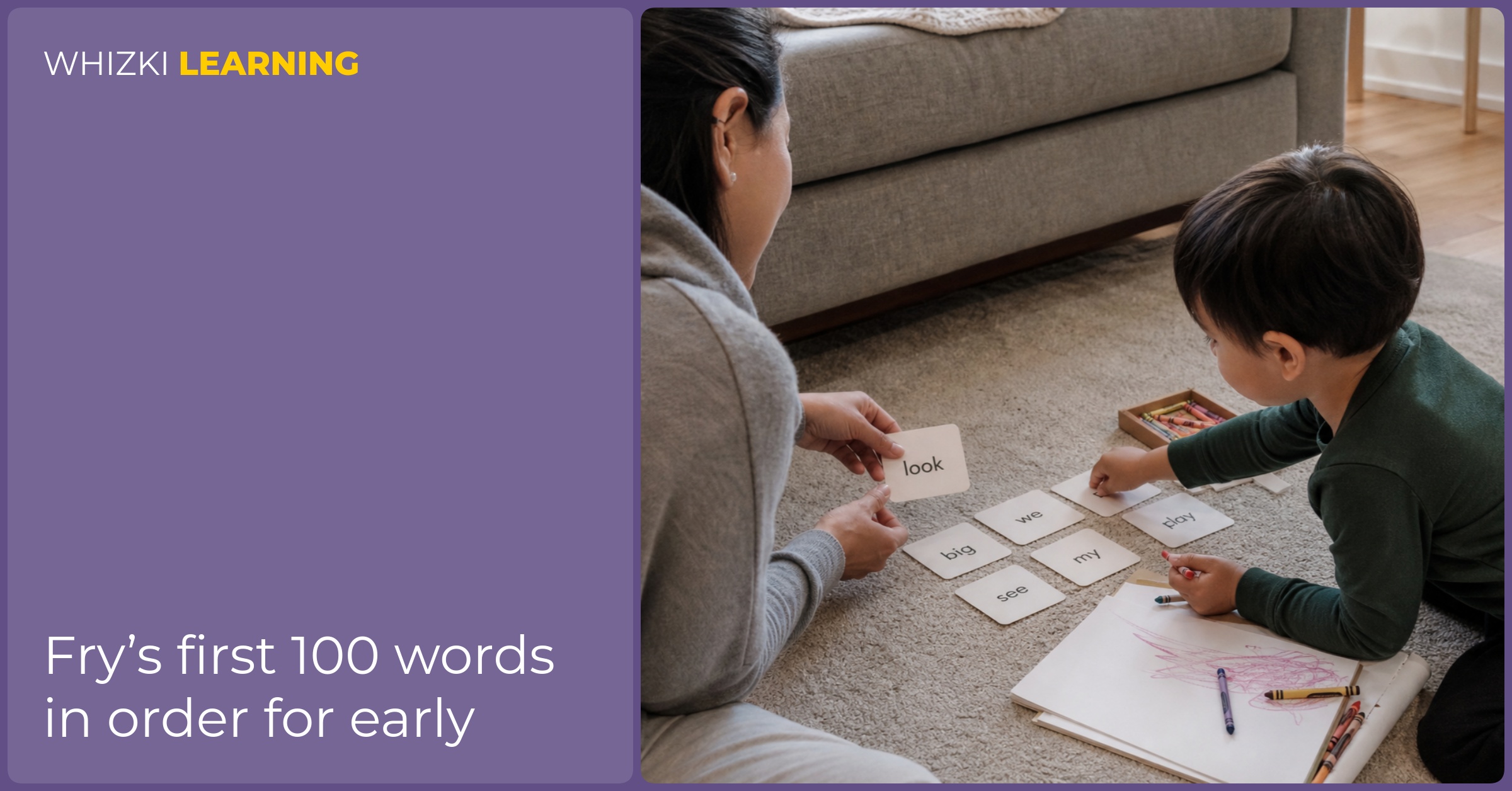 A caregiver and young child sort printable sight-word cards together on a living-room floor.