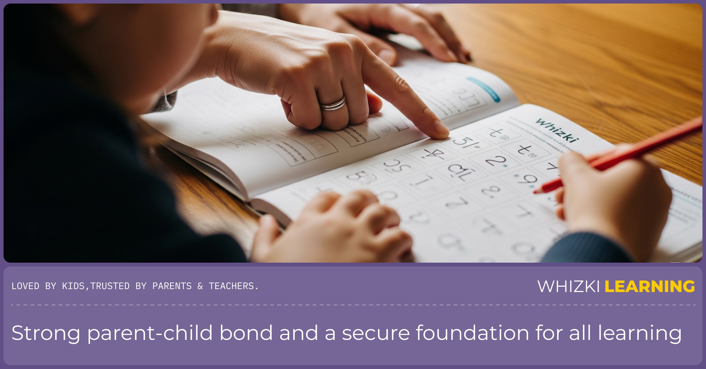 An over-the-shoulder view of a parent's hand pointing to an exercise in a workbook as a child looks on, ready to write.