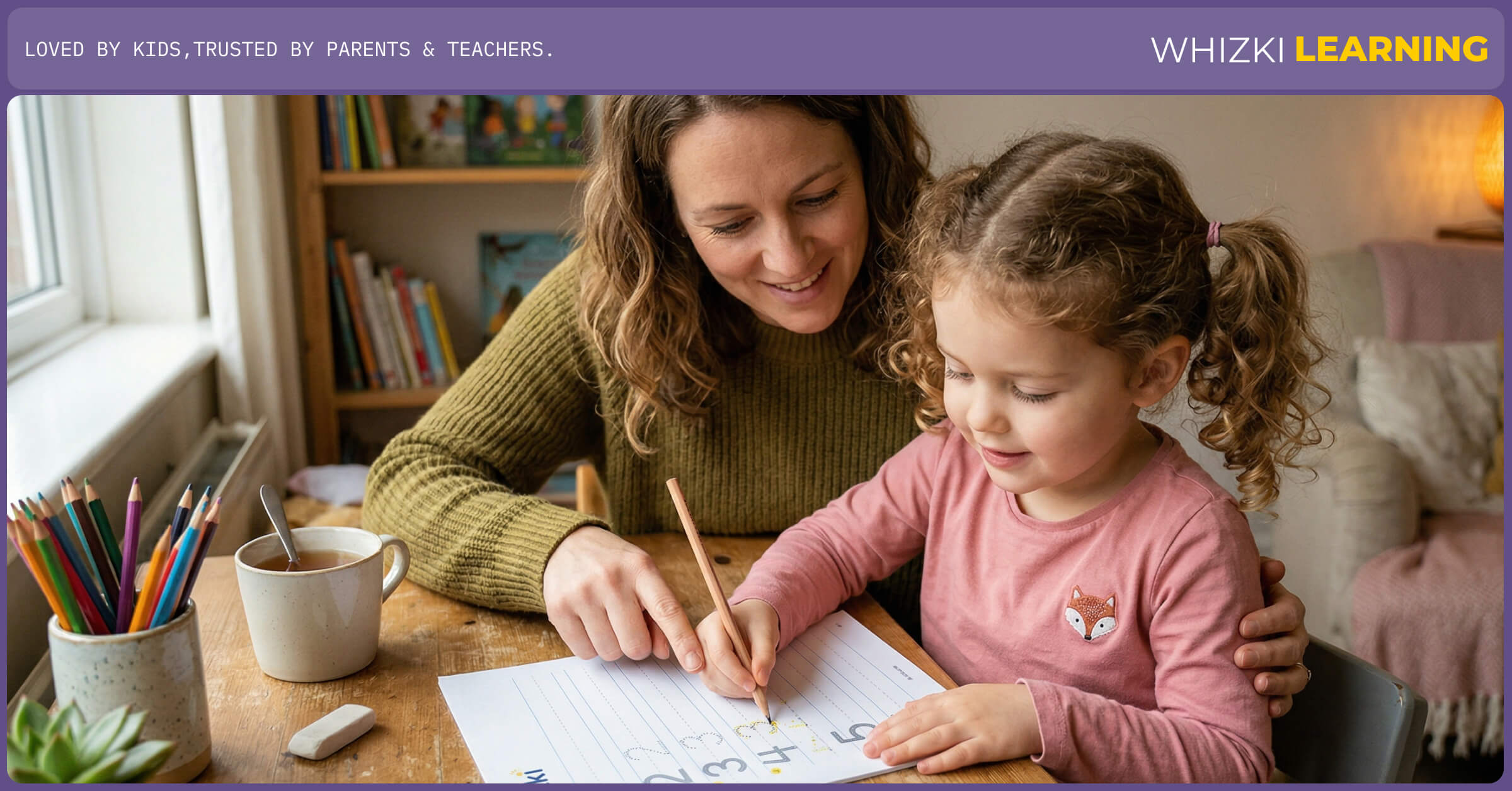 A parent smiling encouragingly as their child practices writing numbers correctly in a high-quality educational workbook.