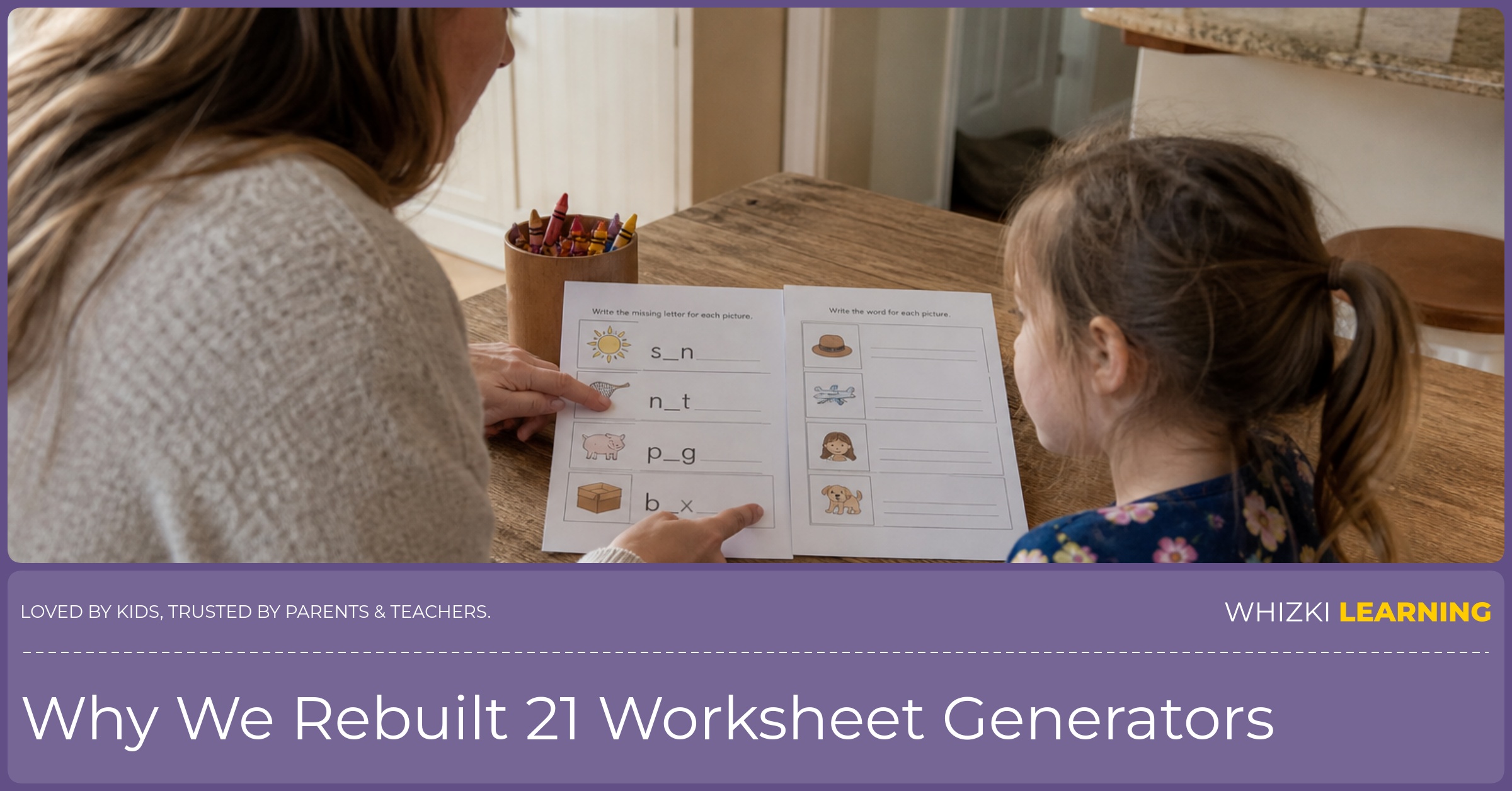 A parent compares two printed worksheets beside crayons while a young child waits at the kitchen table.