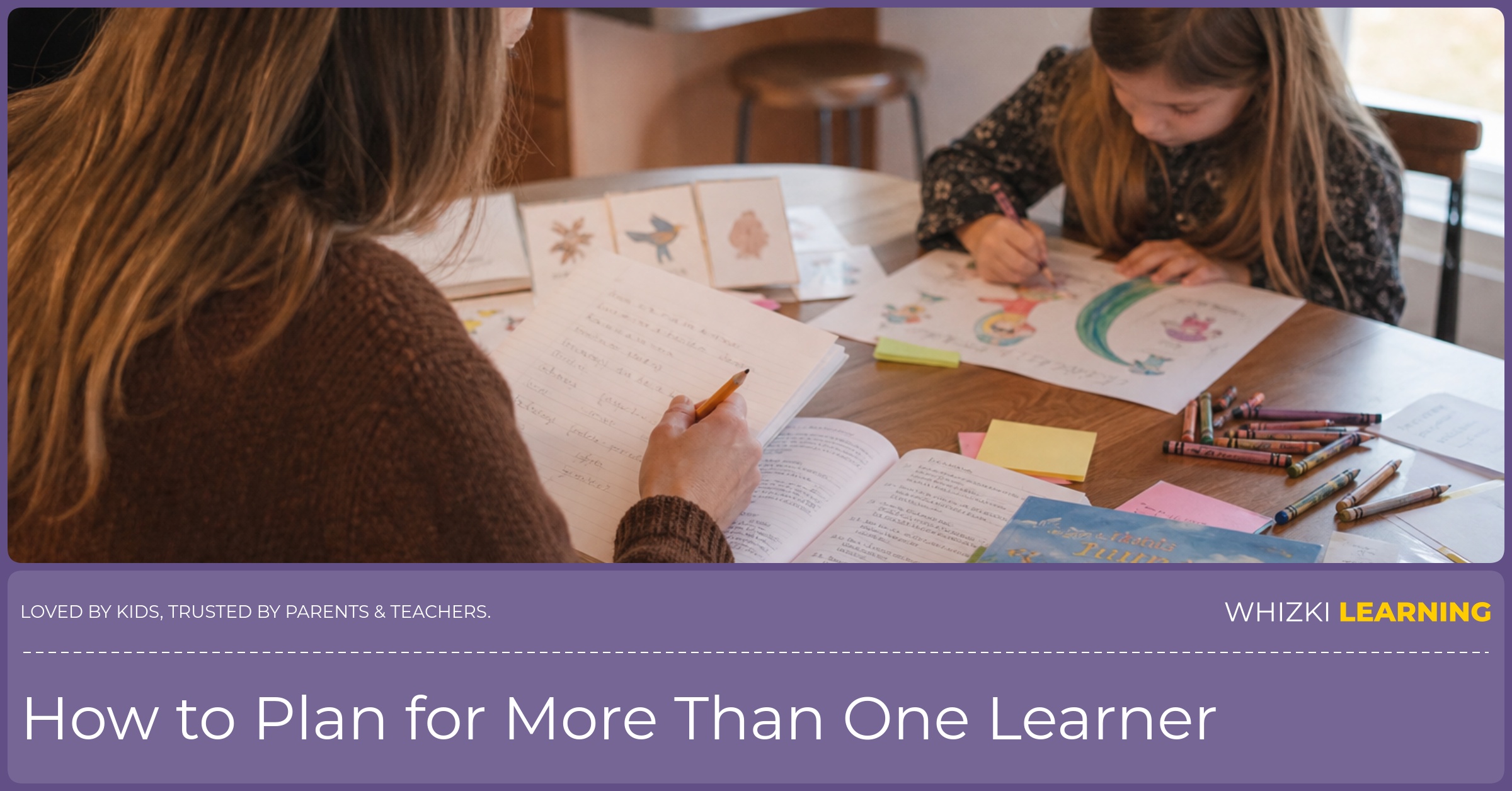 A parent reviews separate learner notes on paper while a child colors quietly beside a stack of books.