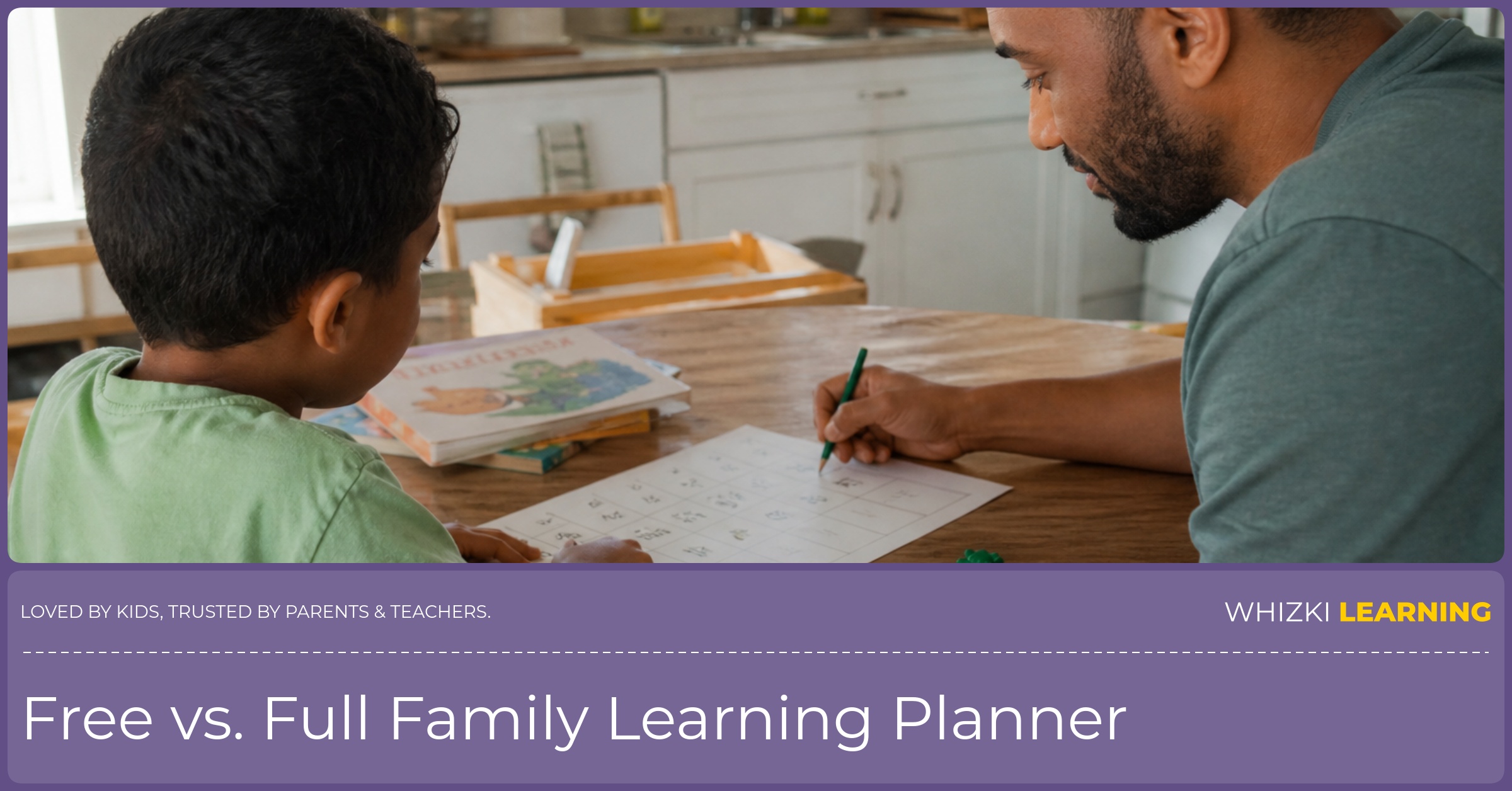 A parent and child sit at a kitchen table choosing paper activities for the week with crayons and picture books nearby.