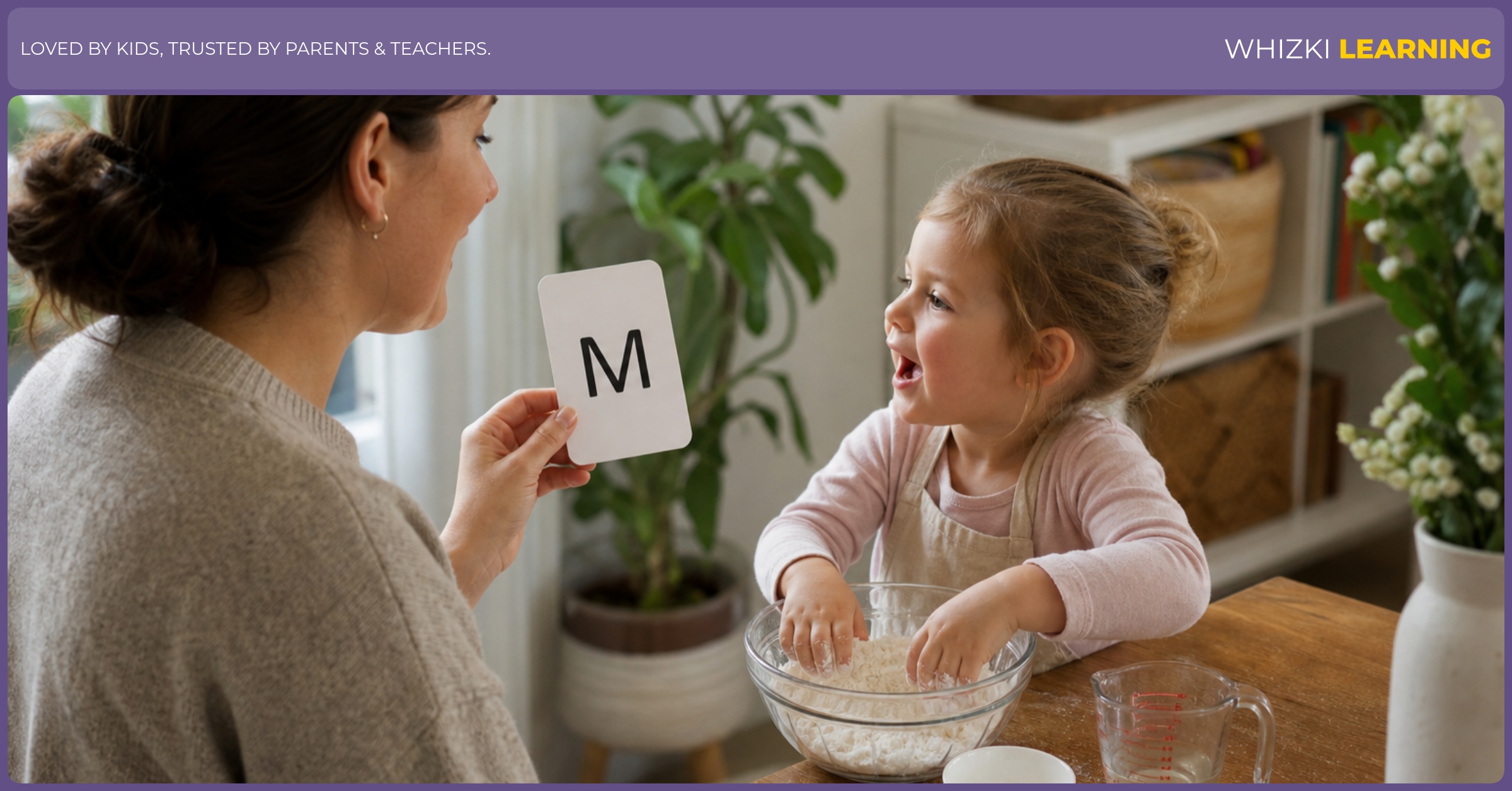 A parent and child mix ingredients at a table while practicing M action words.